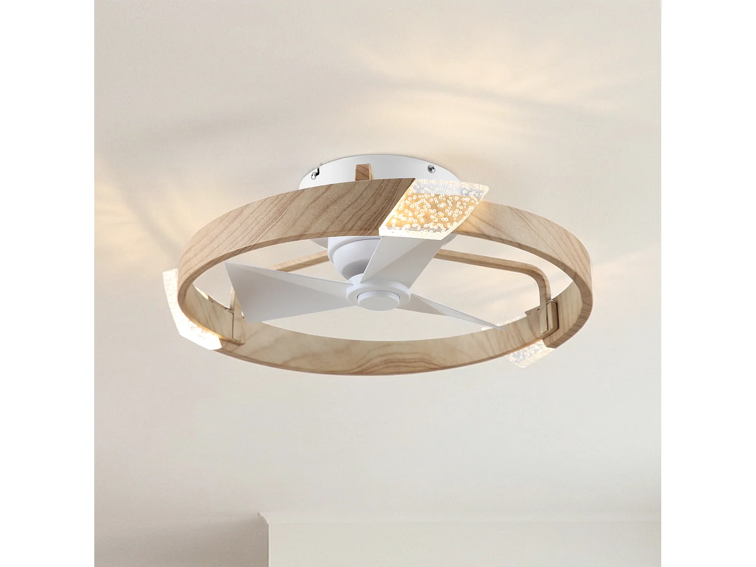 Parrot Uncle Ventilateur de plafond 50 cm avec finition blanc et imitation bois, éclairage LED intégré