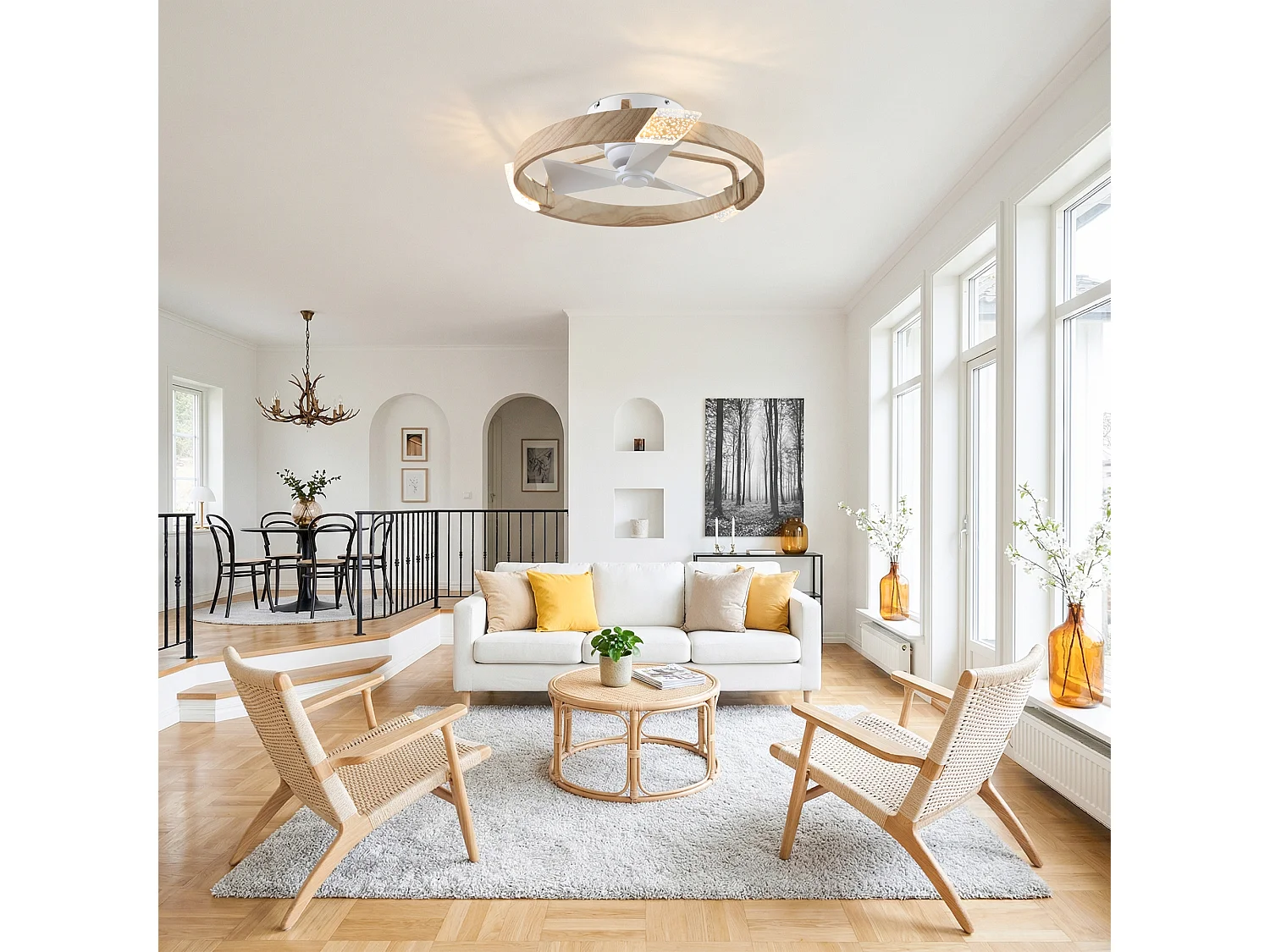 Parrot Uncle Ventilateur de plafond 50 cm avec finition blanc et imitation bois, éclairage LED intégré