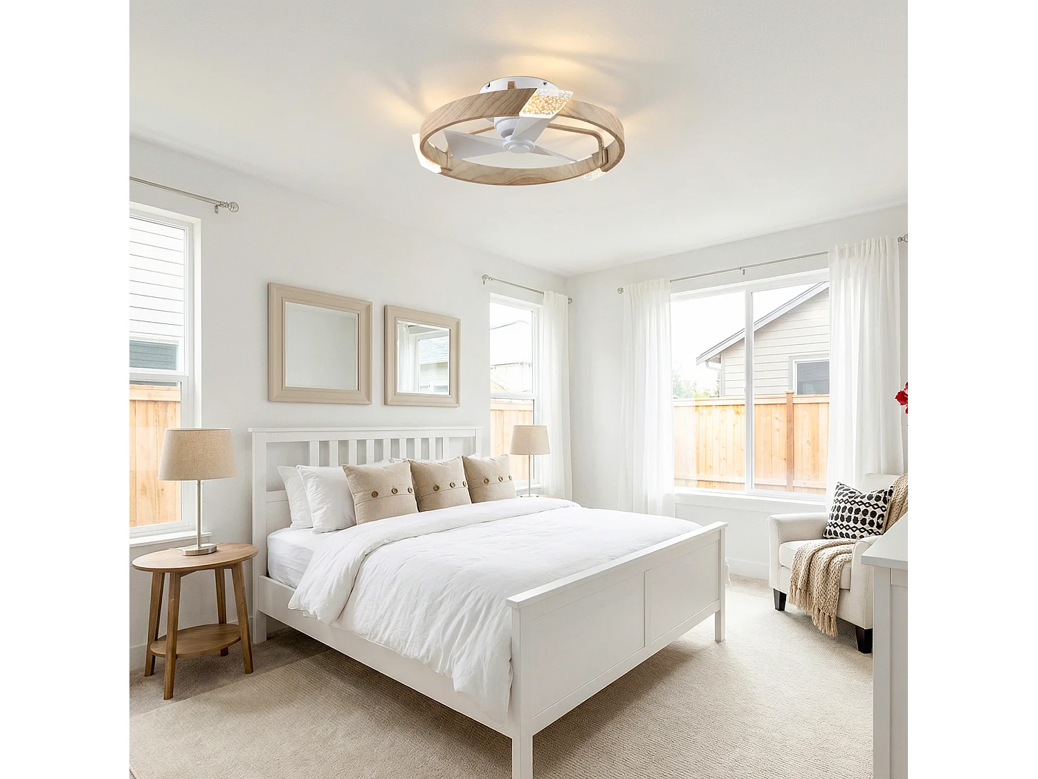 Parrot Uncle Ventilateur de plafond 50 cm avec finition blanc et imitation bois, éclairage LED intégré