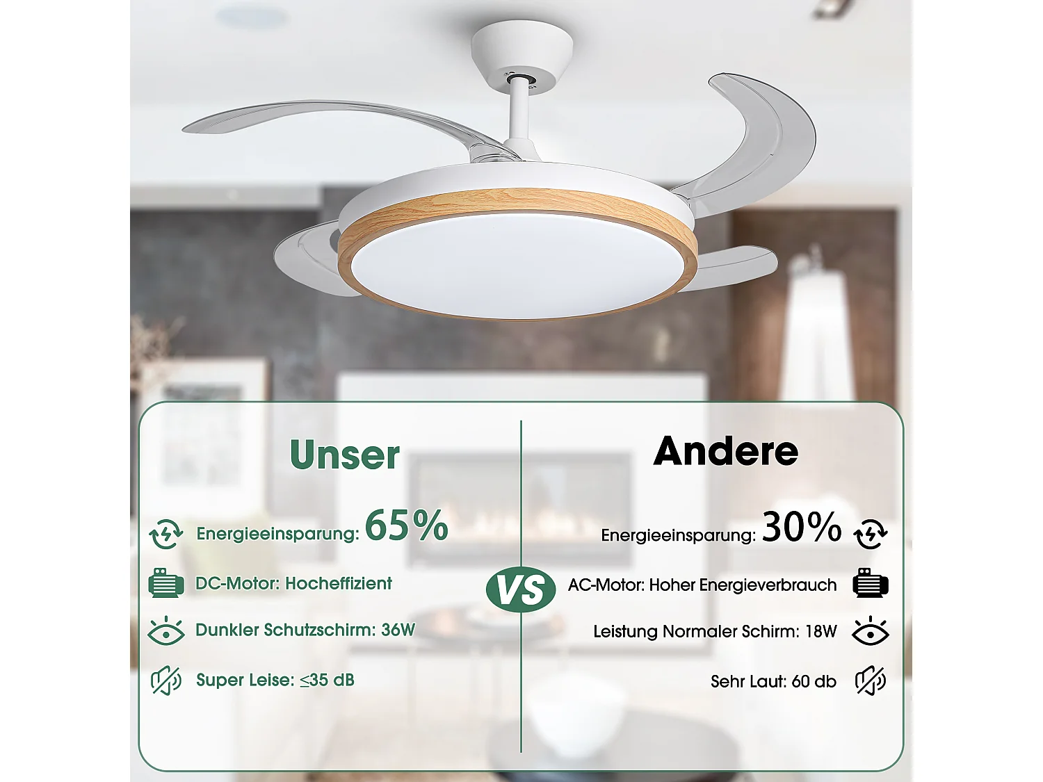 Parrot Uncle Deckenventilator mit LED-Licht, 107 cm, Holzoptik-Flügel, DC-Motor, 6 Stufen, Pendelstab, leise, inkl. Fernbedienung
