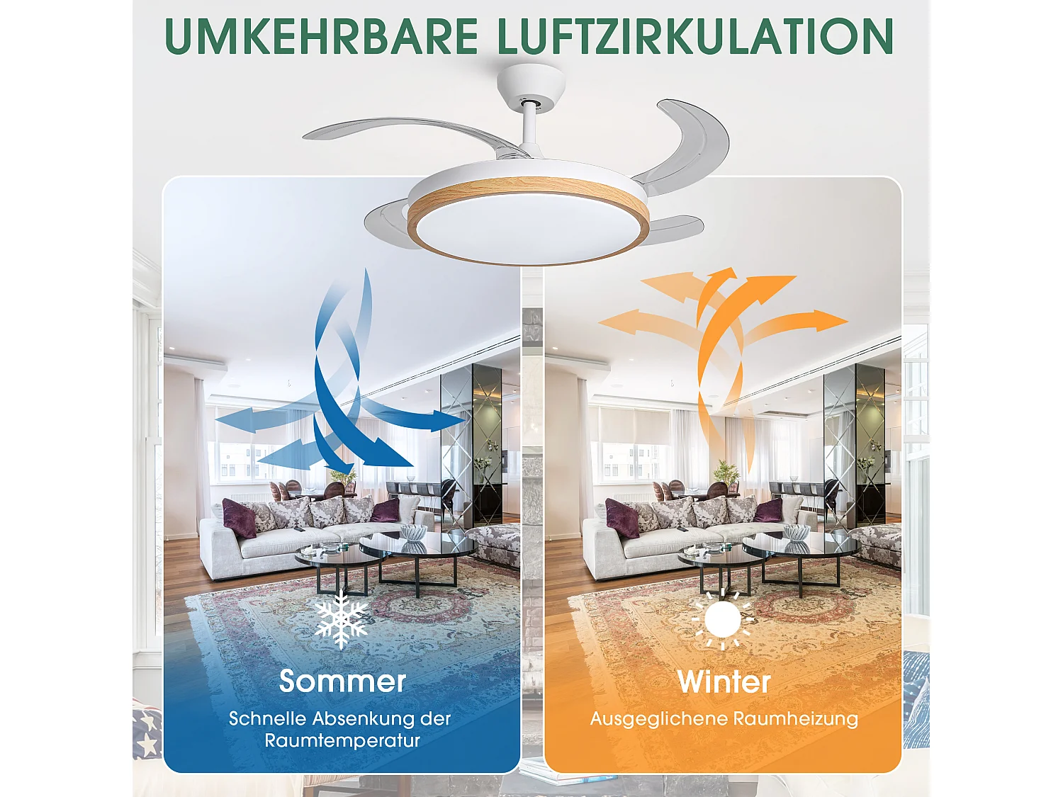 Parrot Uncle Deckenventilator mit LED-Licht, 107 cm, Holzoptik-Flügel, DC-Motor, 6 Stufen, Pendelstab, leise, inkl. Fernbedienung