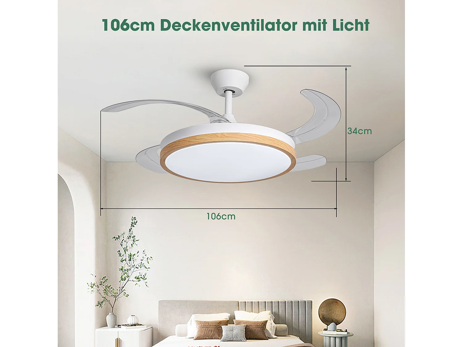 Parrot Uncle Deckenventilator mit LED-Licht, 107 cm, Holzoptik-Flügel, DC-Motor, 6 Stufen, Pendelstab, leise, inkl. Fernbedienung