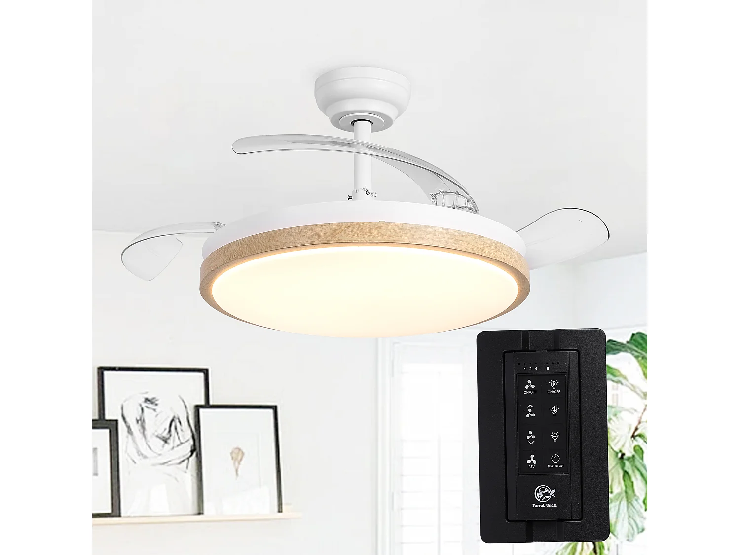 Parrot Uncle Ventilateur De Plafond Avec Éclairage Led, 107 CM, Pales Aspect Bois, Moteur À Courant Continu, 6 Vitesses, Tige De Suspension, Télécommande
