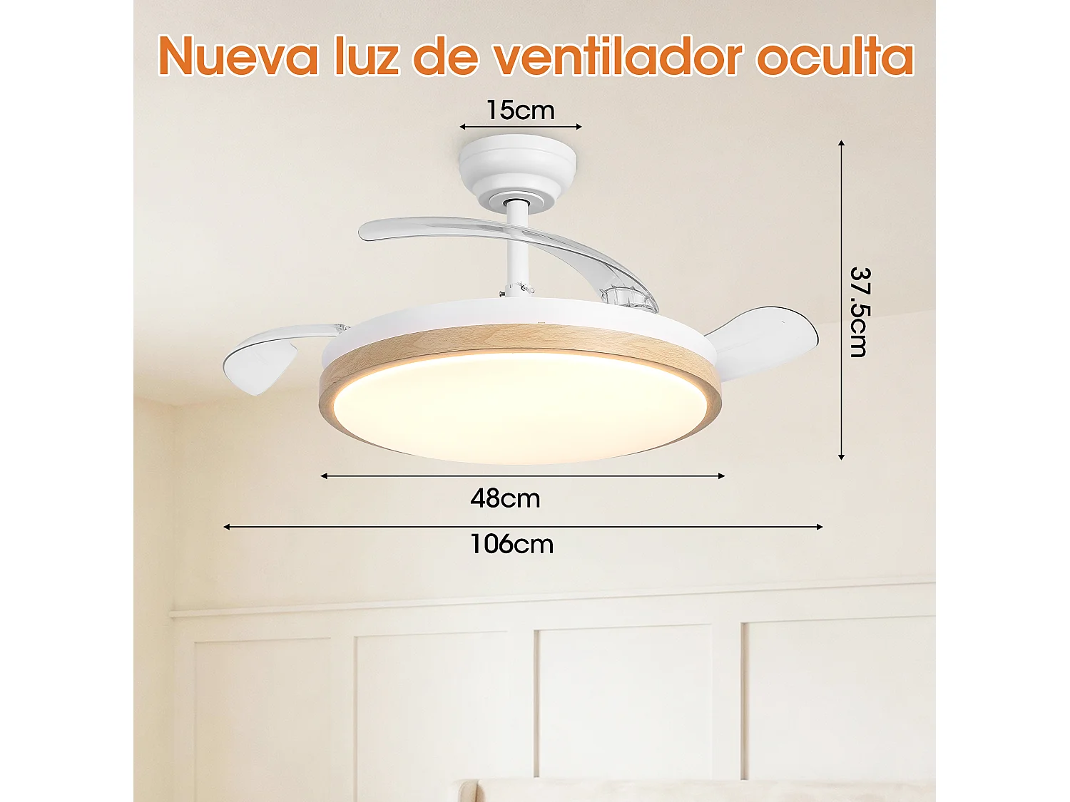 Parrot Uncle Ventilateur De Plafond Avec Éclairage Led, 107 CM, Pales Aspect Bois, Moteur À Courant Continu, 6 Vitesses, Tige De Suspension, Télécommande