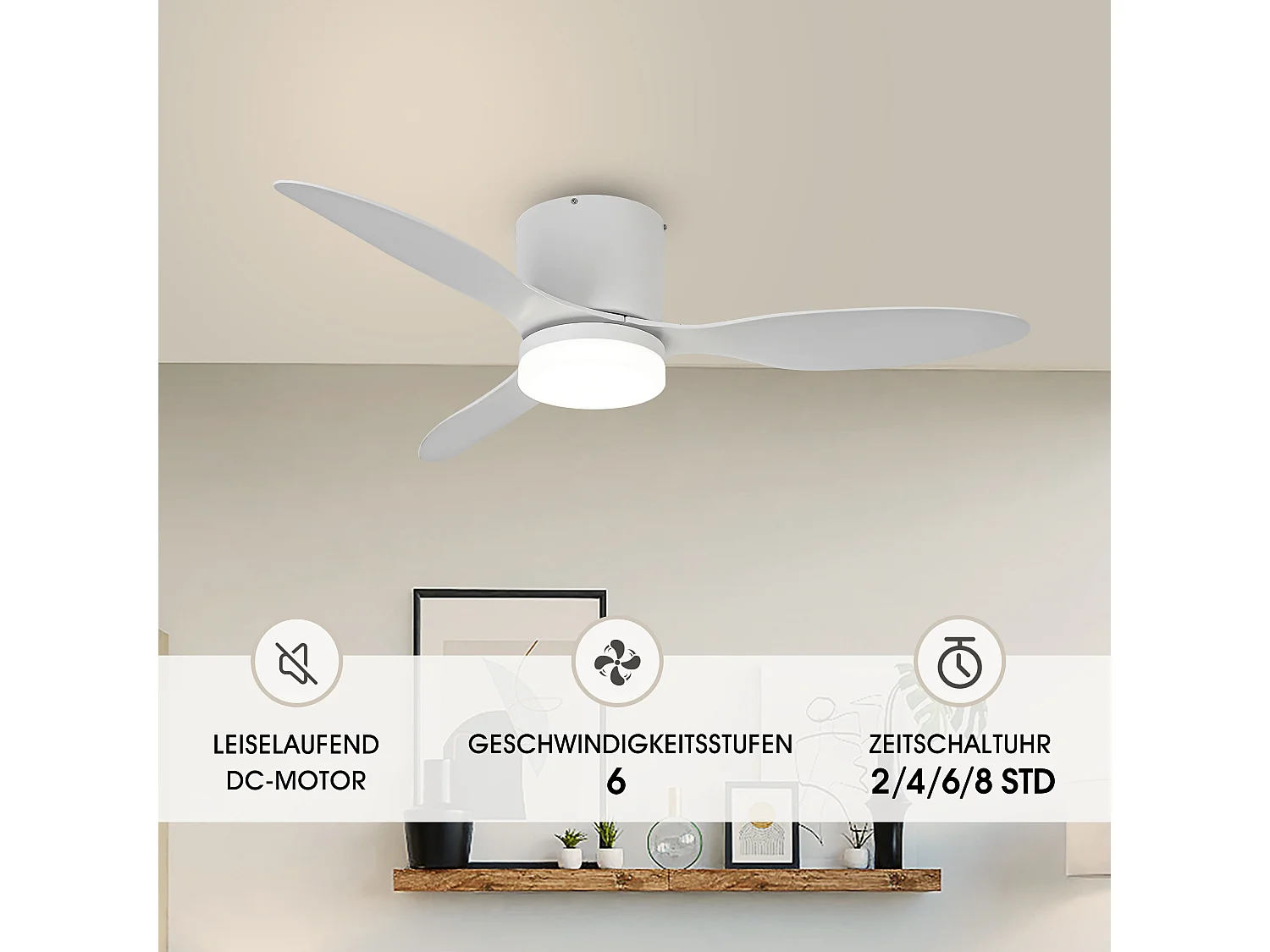Parrot Uncle Deckenventilator mit LED-Licht, 107 cm, DC-Motor, 6 Geschwindigkeiten, flach an der Decke, leise, inkl. Fernbedienung, mattweiß