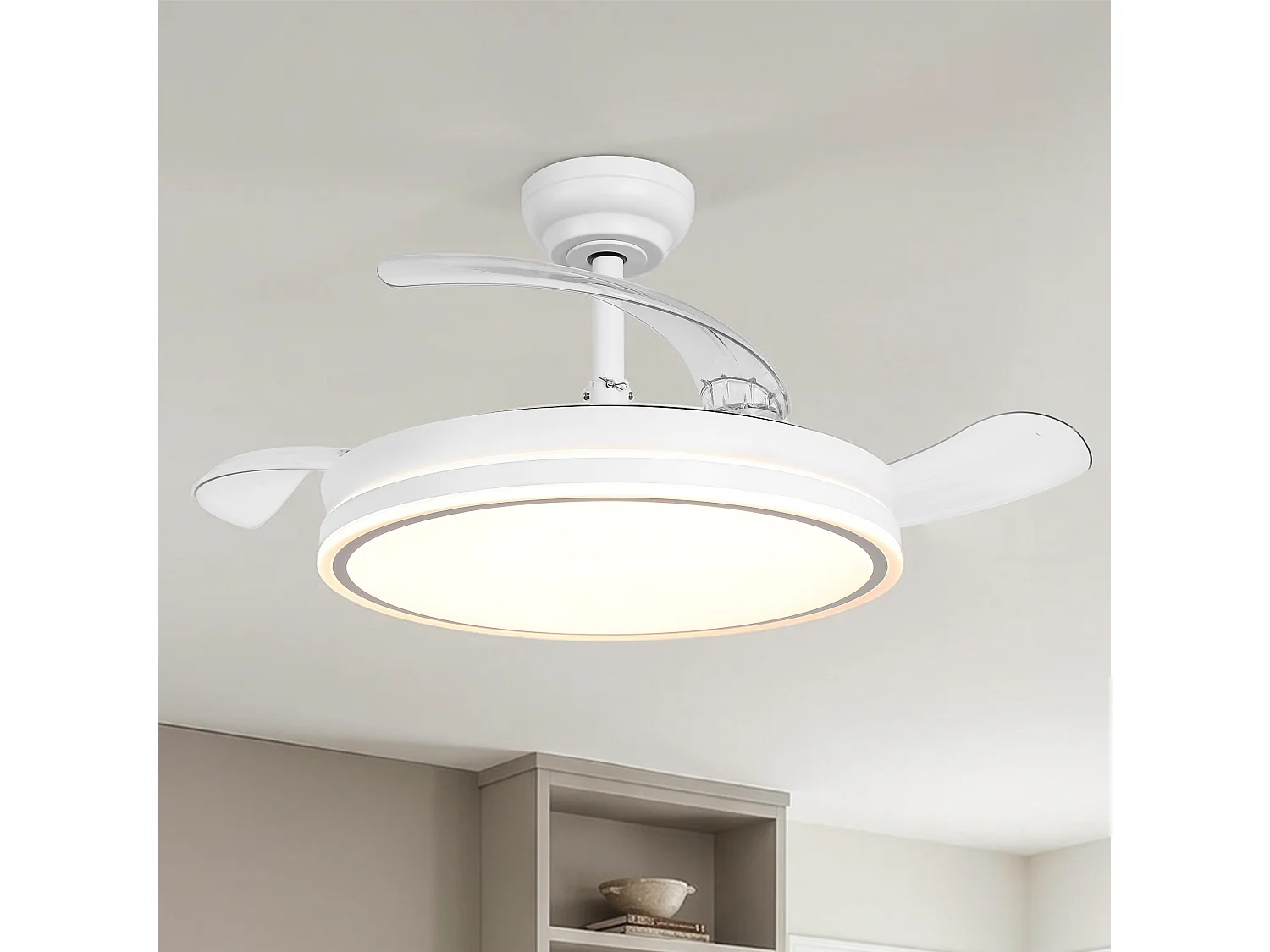 Parrot Uncle Ventilateur De Plafond Avec Éclairage Led, 100 Cm, Moteur DC, 6 Vitesses, Pales Transparentes, Tige Pendante, Télécommande Incluse, Blanc Mat