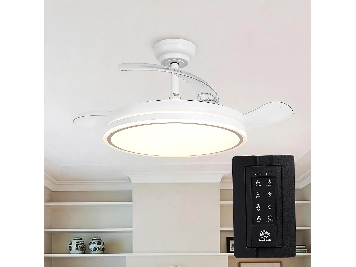 Parrot Uncle Ventilateur De Plafond Avec Éclairage Led, 100 Cm, Moteur DC, 6 Vitesses, Pales Transparentes, Tige Pendante, Télécommande Incluse, Blanc Mat
