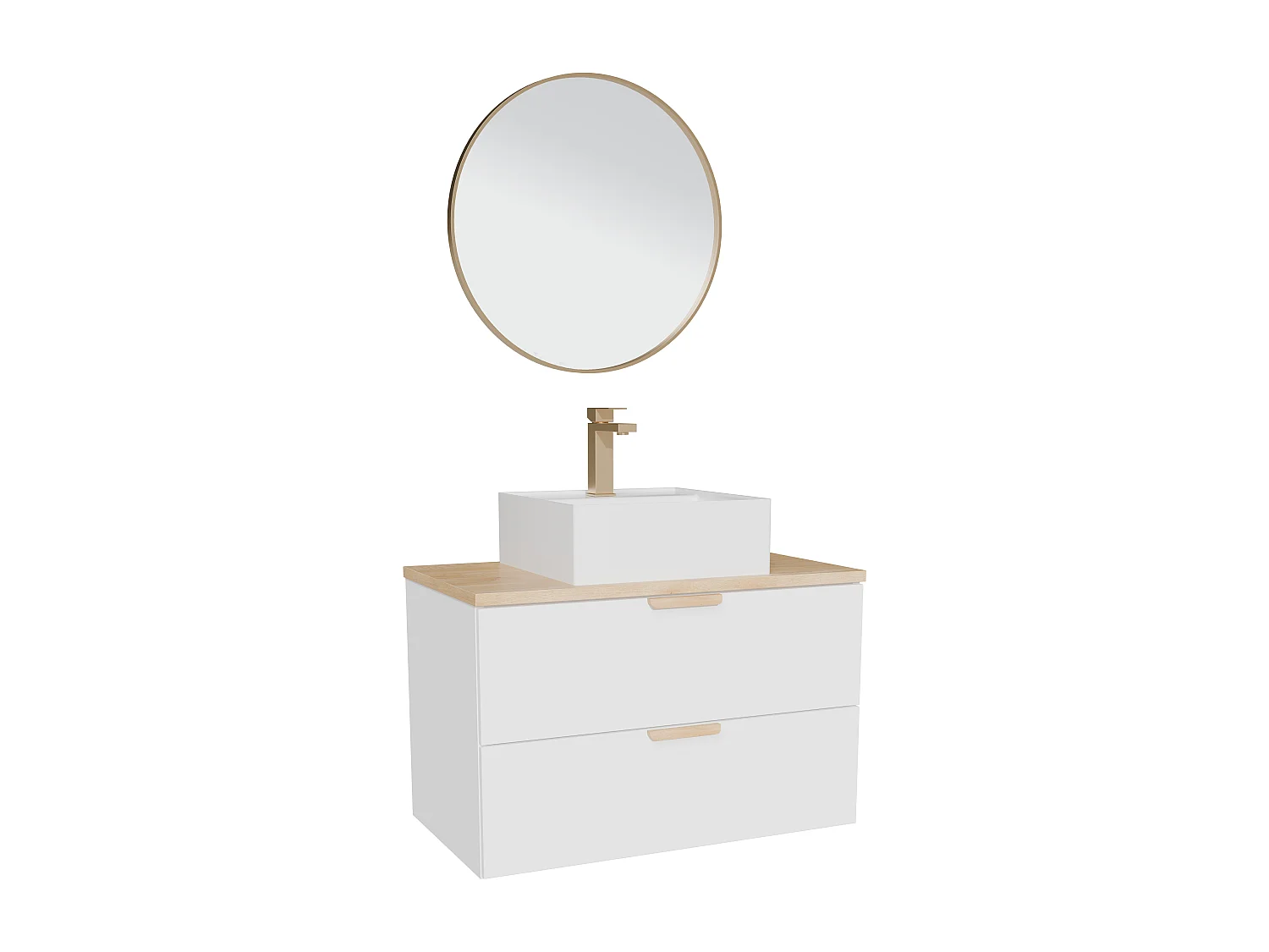 Meuble de salle de bain suspendu avec vasque à poser carrée, robinet et miroir – Blanc – L80 cm – AVORELI