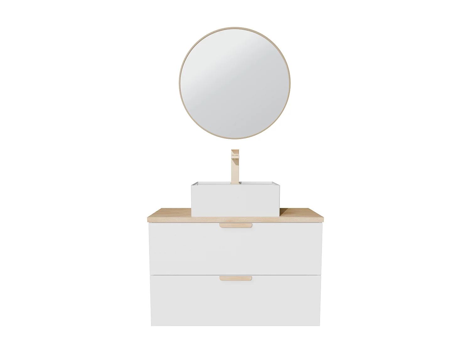 Meuble de salle de bain suspendu avec vasque à poser carrée, robinet et miroir – Blanc – L80 cm – AVORELI