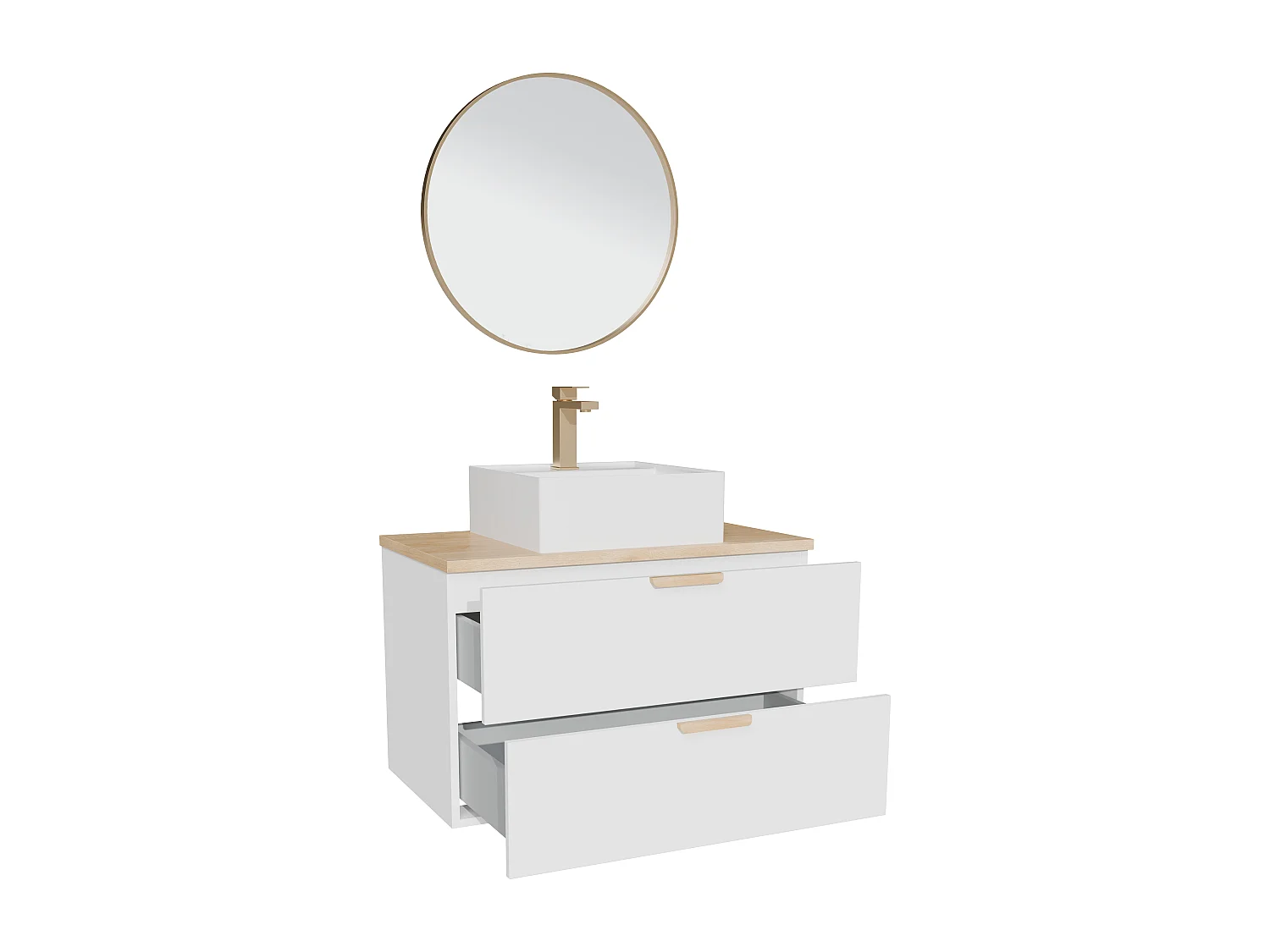 Meuble de salle de bain suspendu avec vasque à poser carrée, robinet et miroir – Blanc – L80 cm – AVORELI