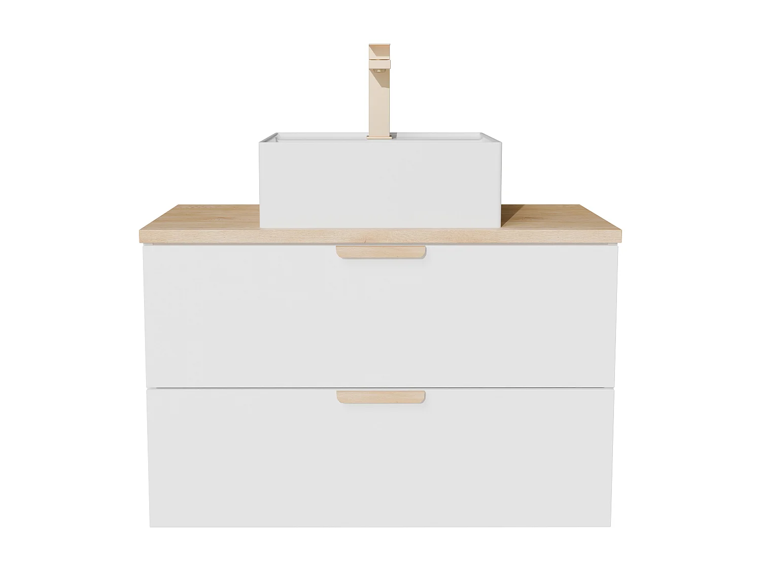Meuble de salle de bain suspendu avec vasque à poser carrée, robinet et miroir – Blanc – L80 cm – AVORELI