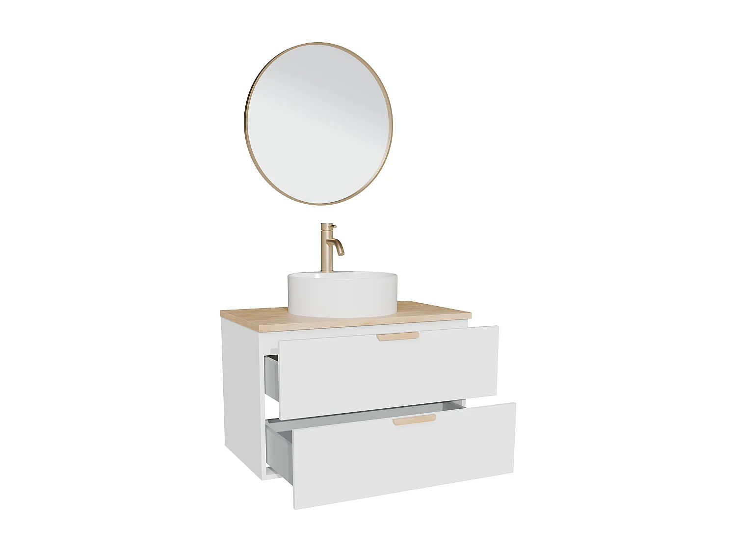 Meuble de salle de bain suspendu avec vasque à poser ronde, robinet et miroir – Blanc – L80 cm – AVORELI