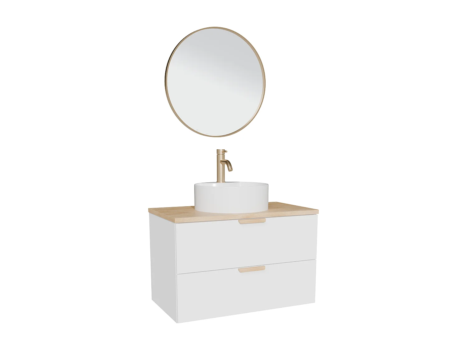 Meuble de salle de bain suspendu avec vasque à poser ronde, robinet et miroir – Blanc – L80 cm – AVORELI