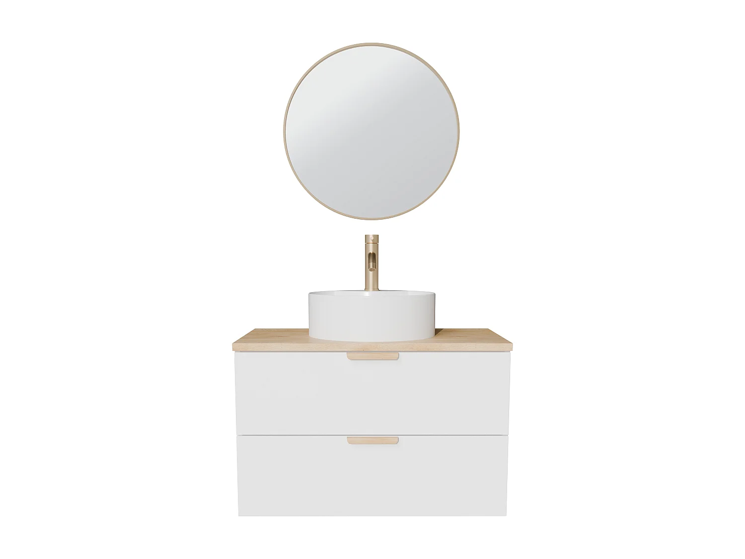 Meuble de salle de bain suspendu avec vasque à poser ronde, robinet et miroir – Blanc – L80 cm – AVORELI