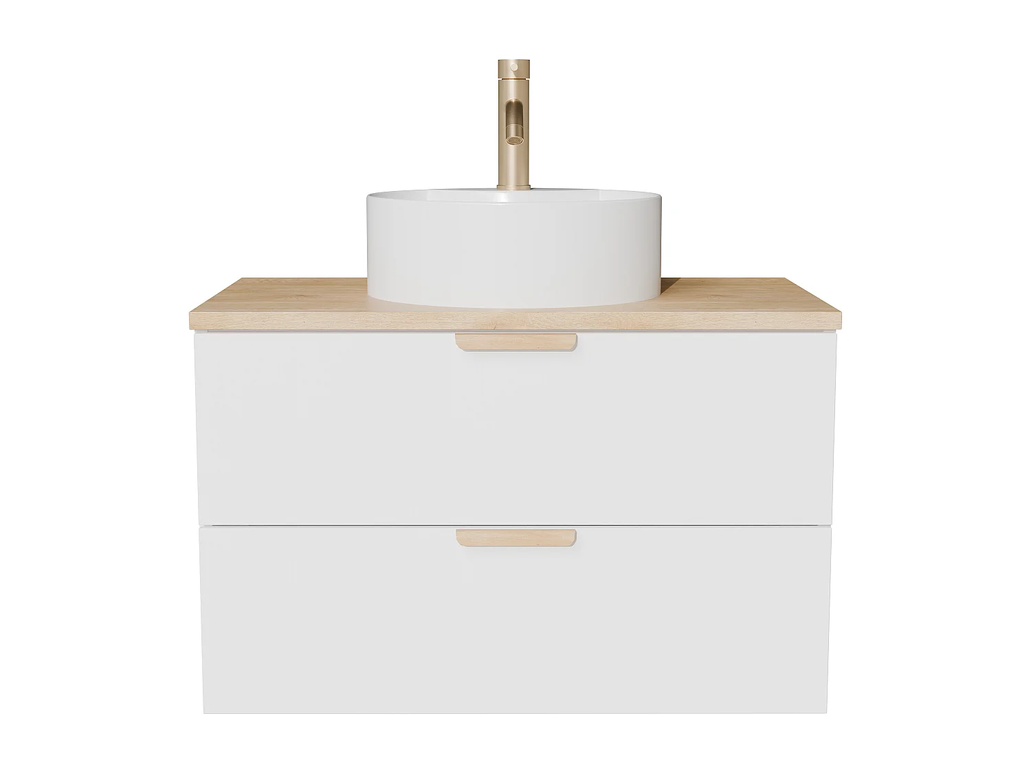 Meuble de salle de bain suspendu avec vasque à poser ronde, robinet et miroir – Blanc – L80 cm – AVORELI