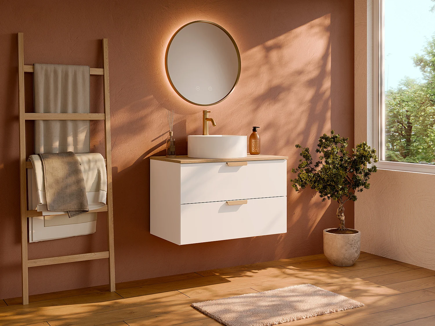 Meuble de salle de bain suspendu avec vasque à poser ronde, robinet et miroir – Blanc – L80 cm – AVORELI