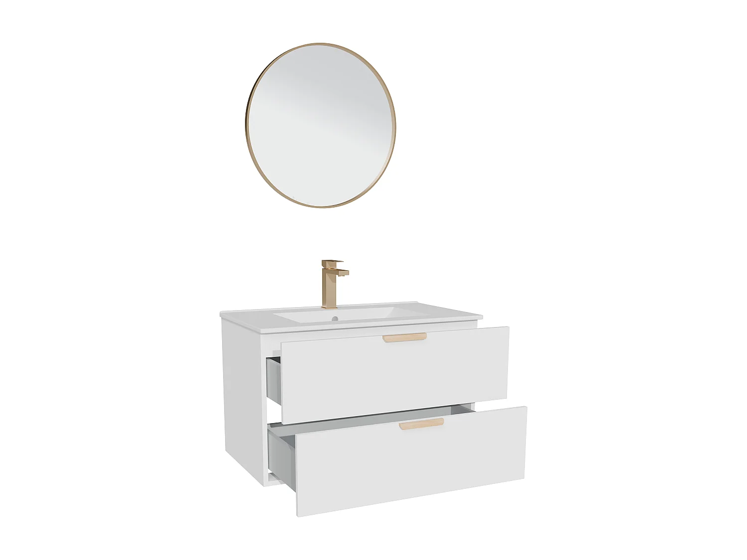 Meuble de salle de bain suspendu avec vasque à encastrer, robinet et miroir – Blanc – L80 cm – AVORELI