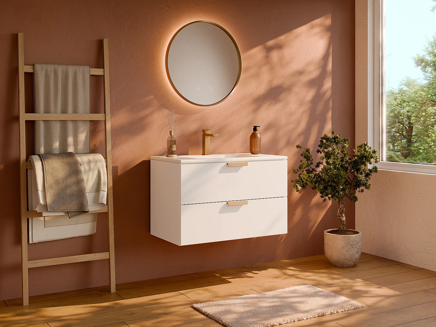 Meuble de salle de bain suspendu avec vasque à encastrer, robinet et miroir – Blanc – L80 cm – AVORELI