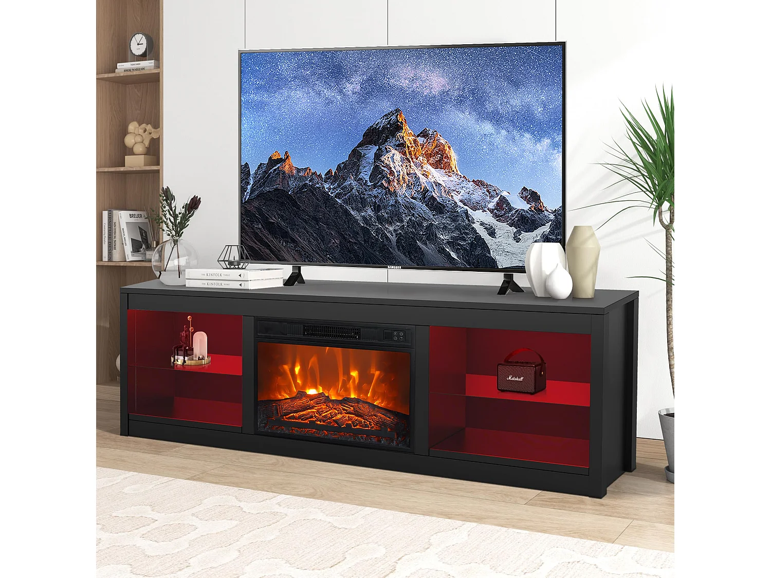 Parrot Uncle TV-Schrank für Fernseher bis 75 Zoll, MDF, Schwarz , mit 24" Elektrokamin und Farbwechselnde LED-Leiste, 168 x 42 x 56 cm, 54 kg Tragkraf