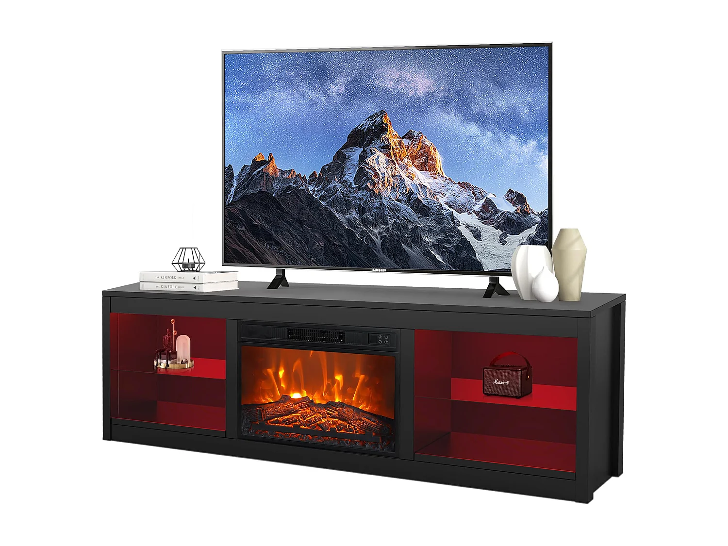 Parrot Uncle TV-Schrank für Fernseher bis 75 Zoll, MDF, Schwarz , mit 24" Elektrokamin und Farbwechselnde LED-Leiste, 168 x 42 x 56 cm, 54 kg Tragkraf
