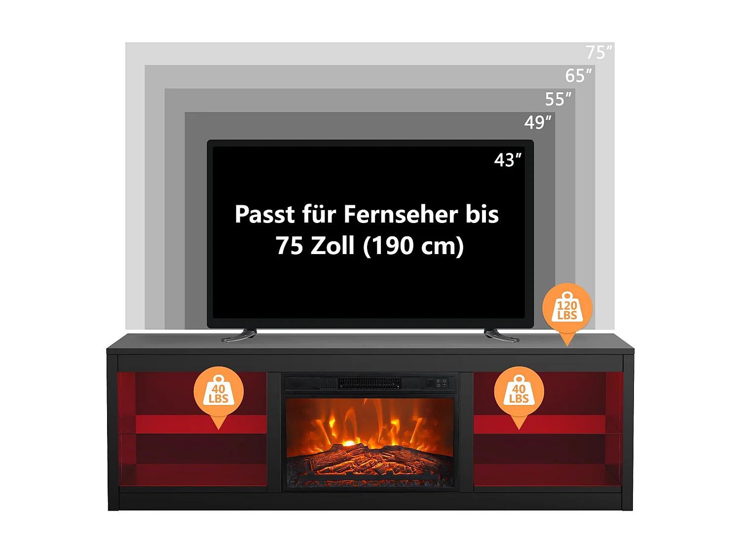 Parrot Uncle TV-Schrank für Fernseher bis 75 Zoll, MDF, Schwarz , mit 24" Elektrokamin und Farbwechselnde LED-Leiste, 168 x 42 x 56 cm, 54 kg Tragkraf