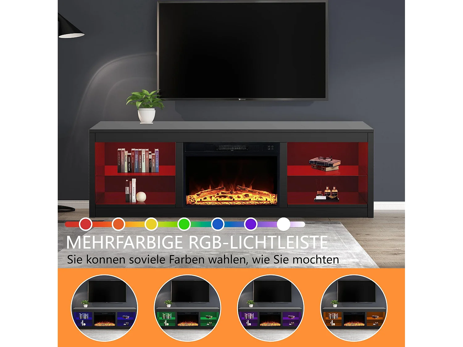 Parrot Uncle TV-Schrank für Fernseher bis 75 Zoll, MDF, Schwarz , mit 24" Elektrokamin und Farbwechselnde LED-Leiste, 168 x 42 x 56 cm, 54 kg Tragkraf
