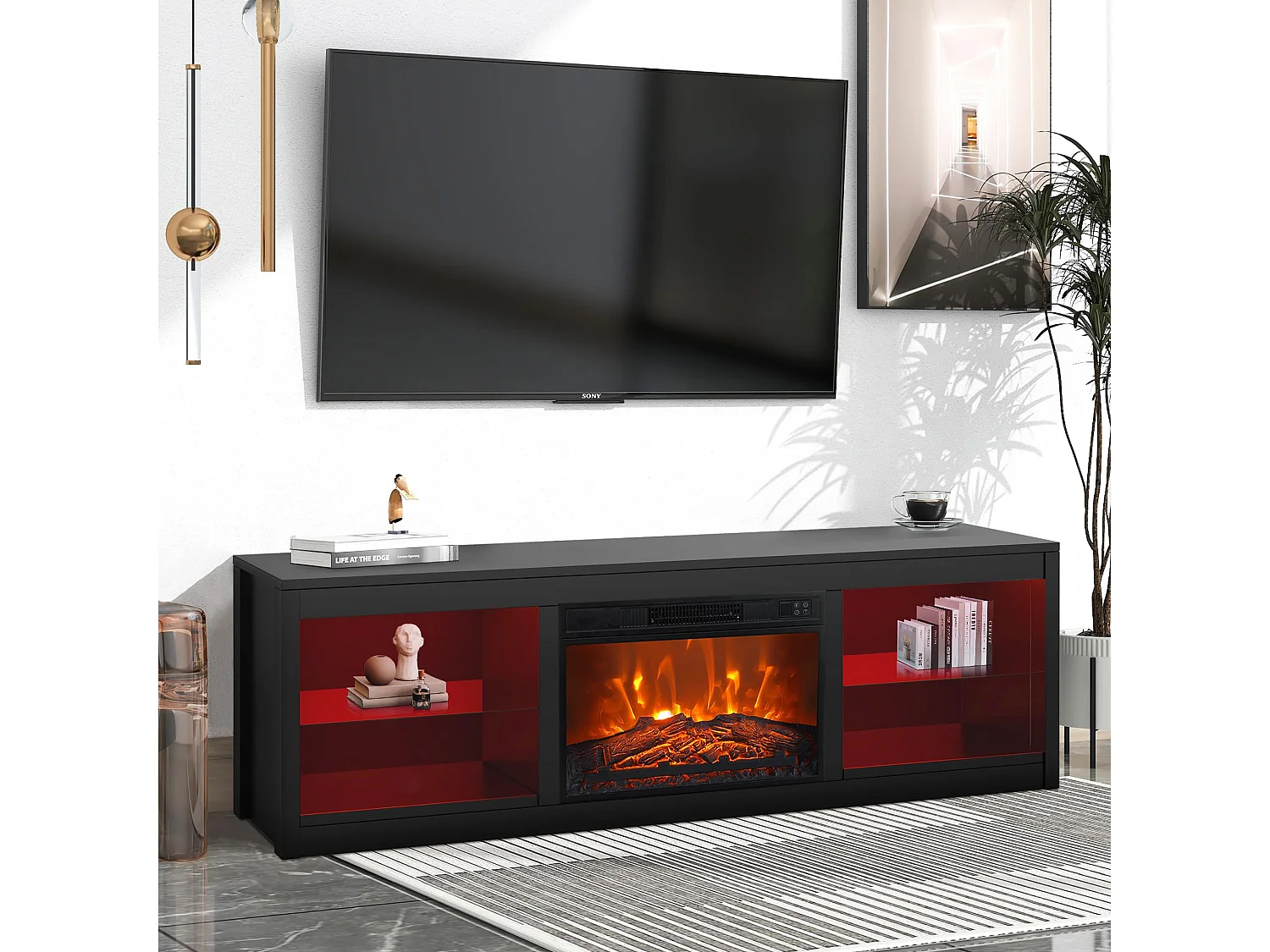 Parrot Uncle TV-Schrank für Fernseher bis 75 Zoll, MDF, Schwarz , mit 24" Elektrokamin und Farbwechselnde LED-Leiste, 168 x 42 x 56 cm, 54 kg Tragkraf