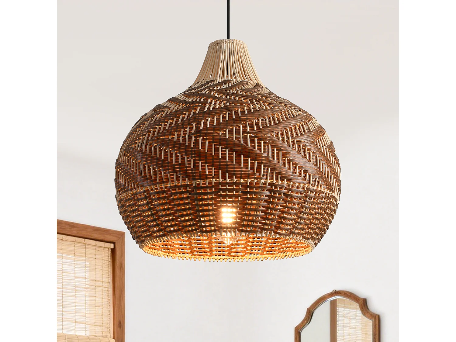 Parrot Uncle Rattan- & Folien-Pendelleuchte, Schirm aus Mischmaterialien, Eisengestell, höhenverstellbar, E27-Fassung, 48 cm Durchmesser (Ohne Leuchtmittel)
