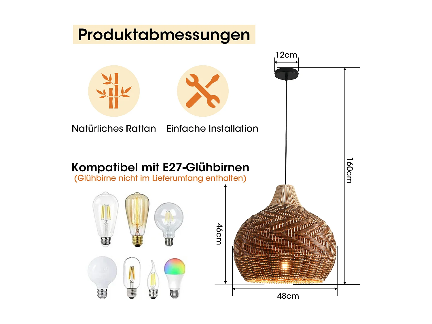Parrot Uncle Rattan- & Folien-Pendelleuchte, Schirm aus Mischmaterialien, Eisengestell, höhenverstellbar, E27-Fassung, 48 cm Durchmesser (Ohne Leuchtmittel)
