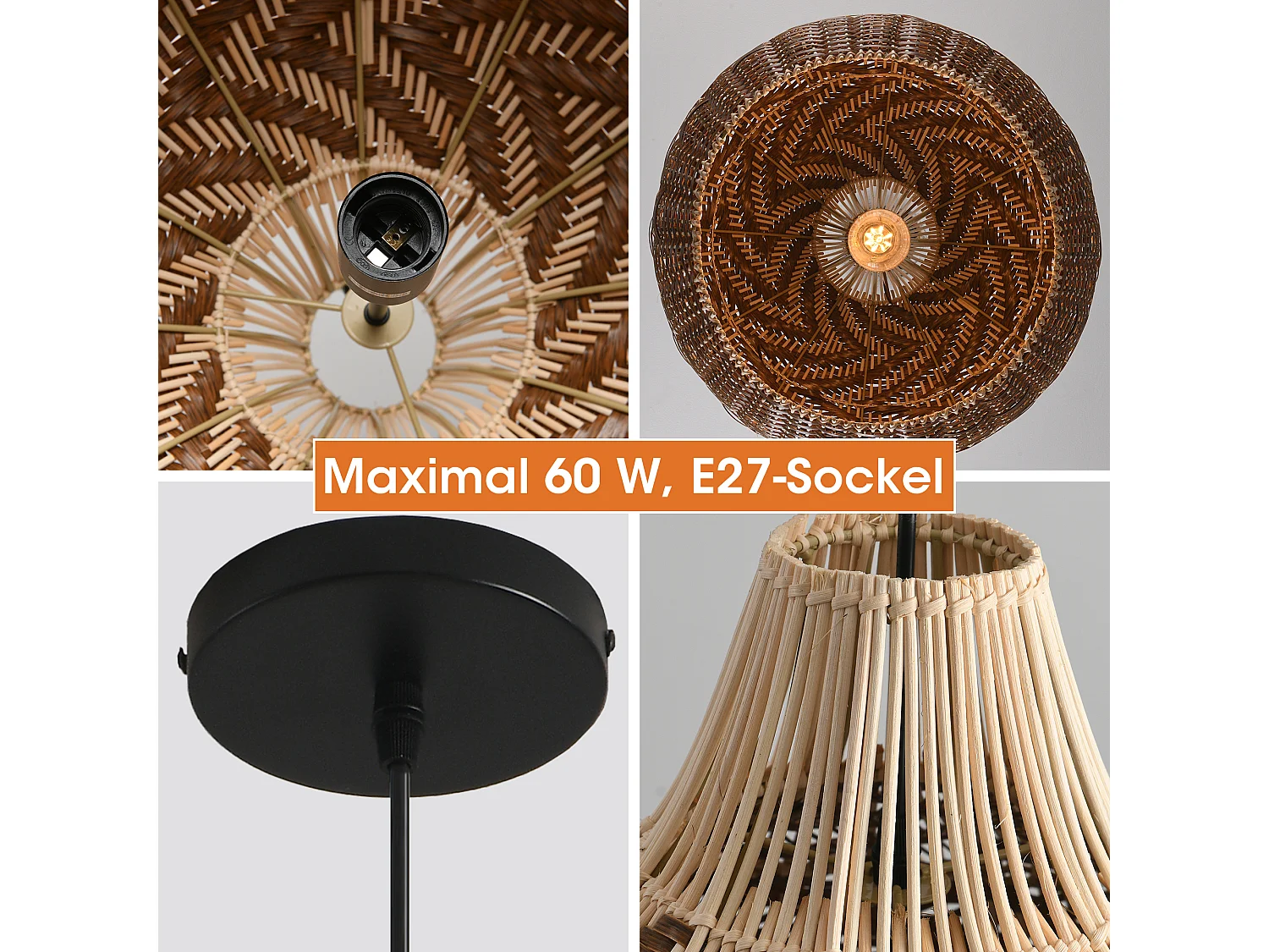 Parrot Uncle Rattan- & Folien-Pendelleuchte, Schirm aus Mischmaterialien, Eisengestell, höhenverstellbar, E27-Fassung, 48 cm Durchmesser (Ohne Leuchtmittel)