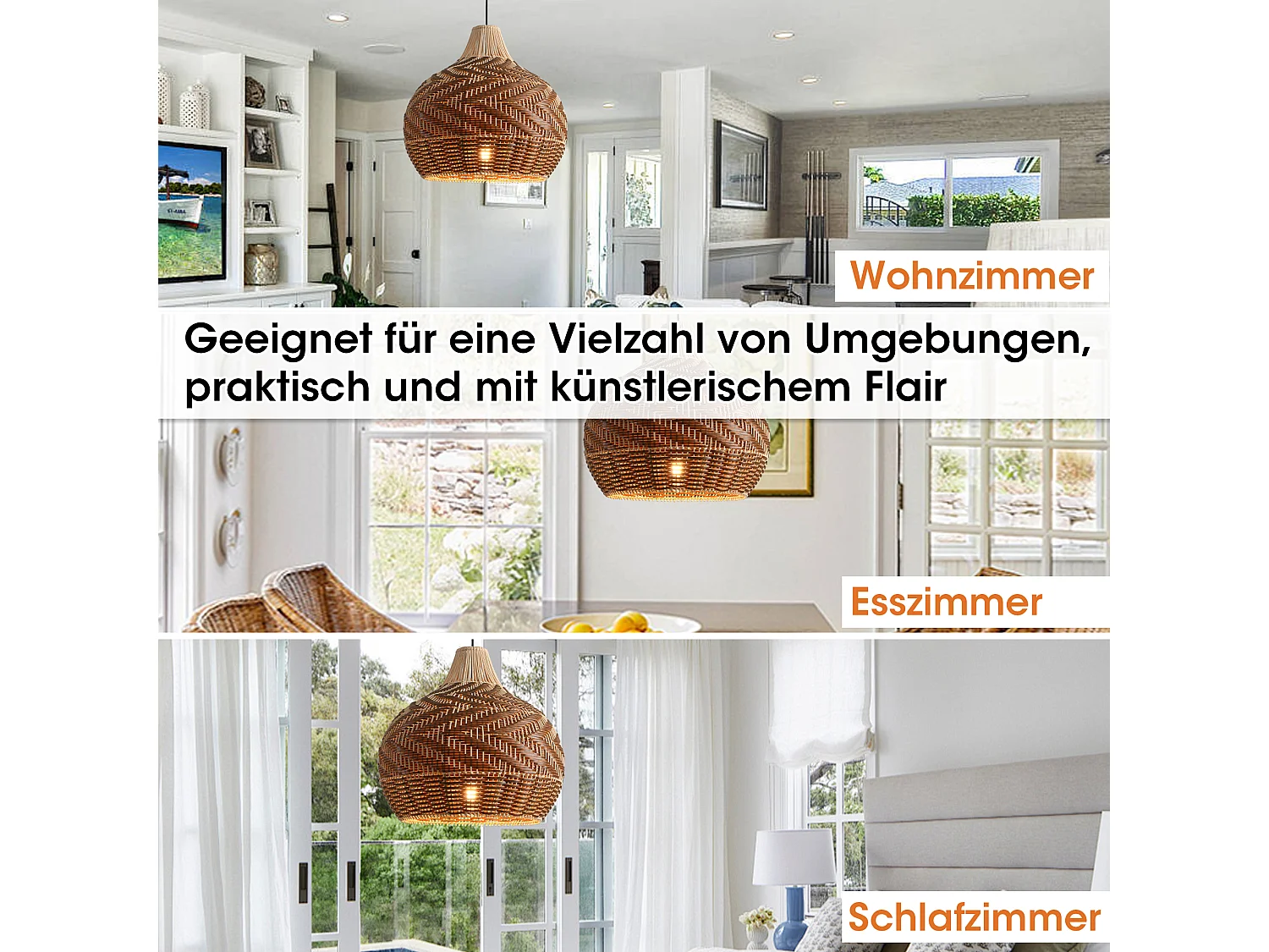 Parrot Uncle Rattan- & Folien-Pendelleuchte, Schirm aus Mischmaterialien, Eisengestell, höhenverstellbar, E27-Fassung, 48 cm Durchmesser (Ohne Leuchtmittel)