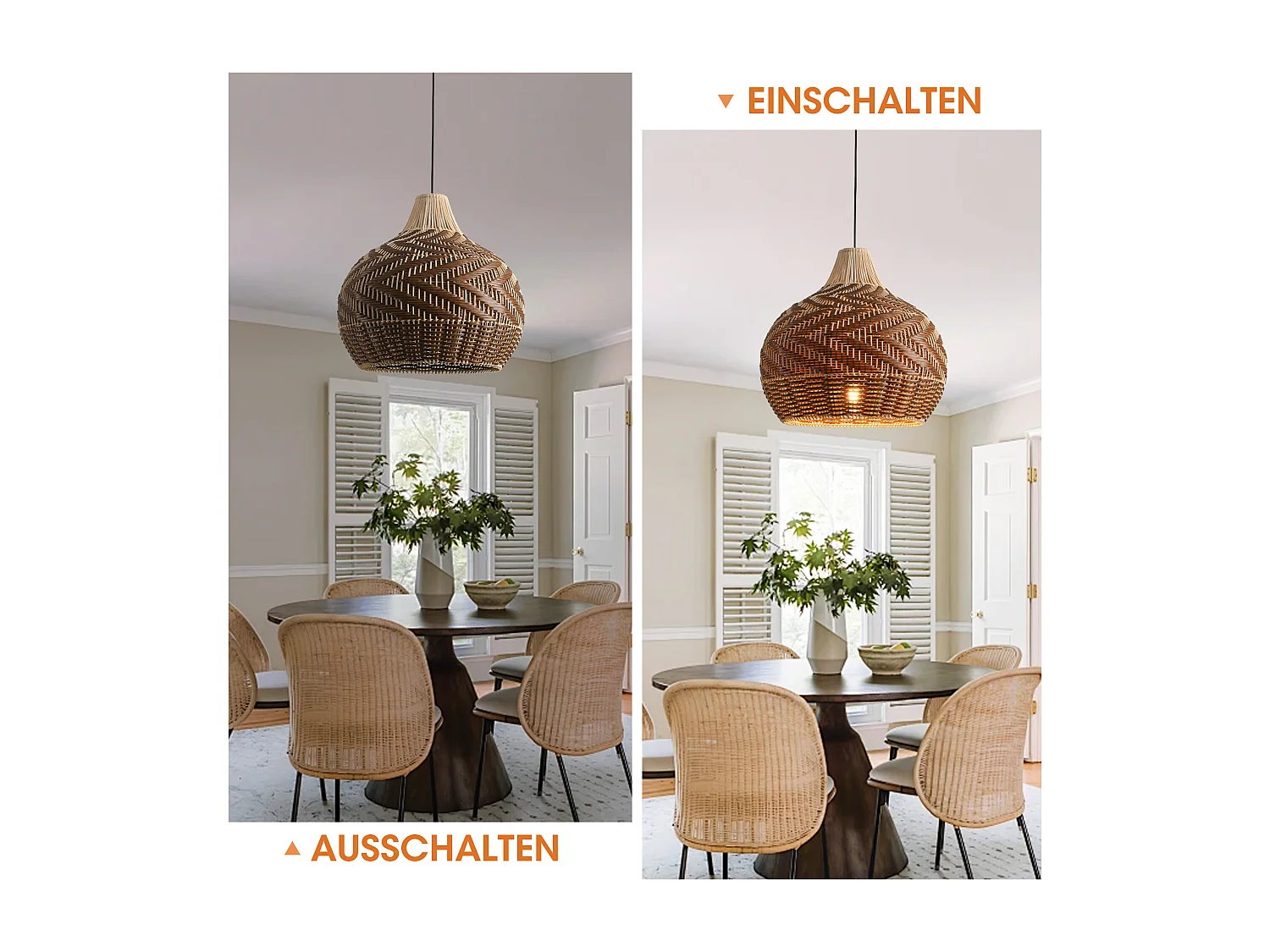 Parrot Uncle Rattan- & Folien-Pendelleuchte, Schirm aus Mischmaterialien, Eisengestell, höhenverstellbar, E27-Fassung, 48 cm Durchmesser (Ohne Leuchtmittel)