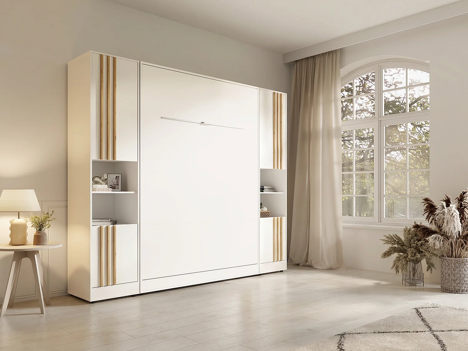 Lit escamotable vertical 140 x 200 cm - 2 colonnes de rangement - Avec tasseaux et LEDs - Blanc + Matelas - RAPILI