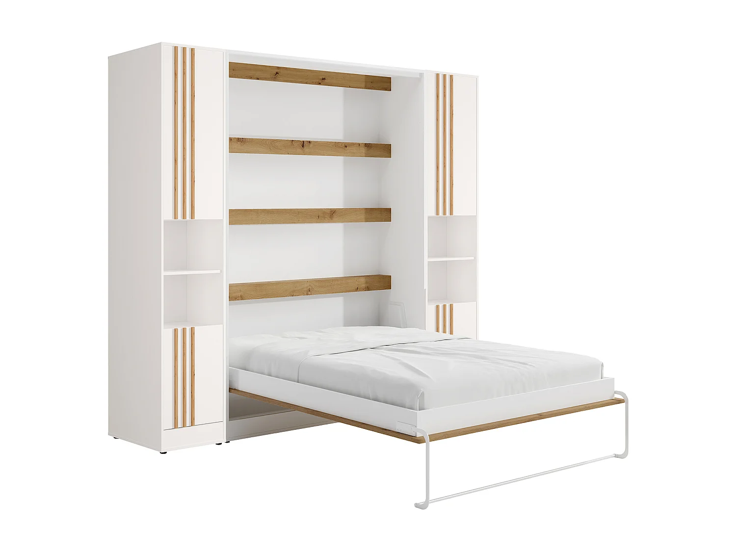 Lit escamotable vertical 140 x 200 cm - 2 colonnes de rangement - Avec tasseaux et LEDs - Blanc et naturel + Matelas - RAPILI