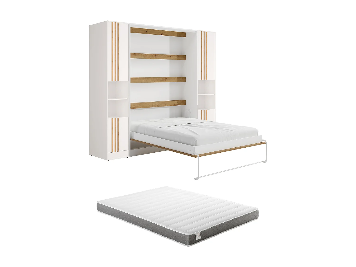 Lit escamotable vertical 140 x 200 cm - 2 colonnes de rangement - Avec tasseaux et LEDs - Blanc et naturel + Matelas - RAPILI