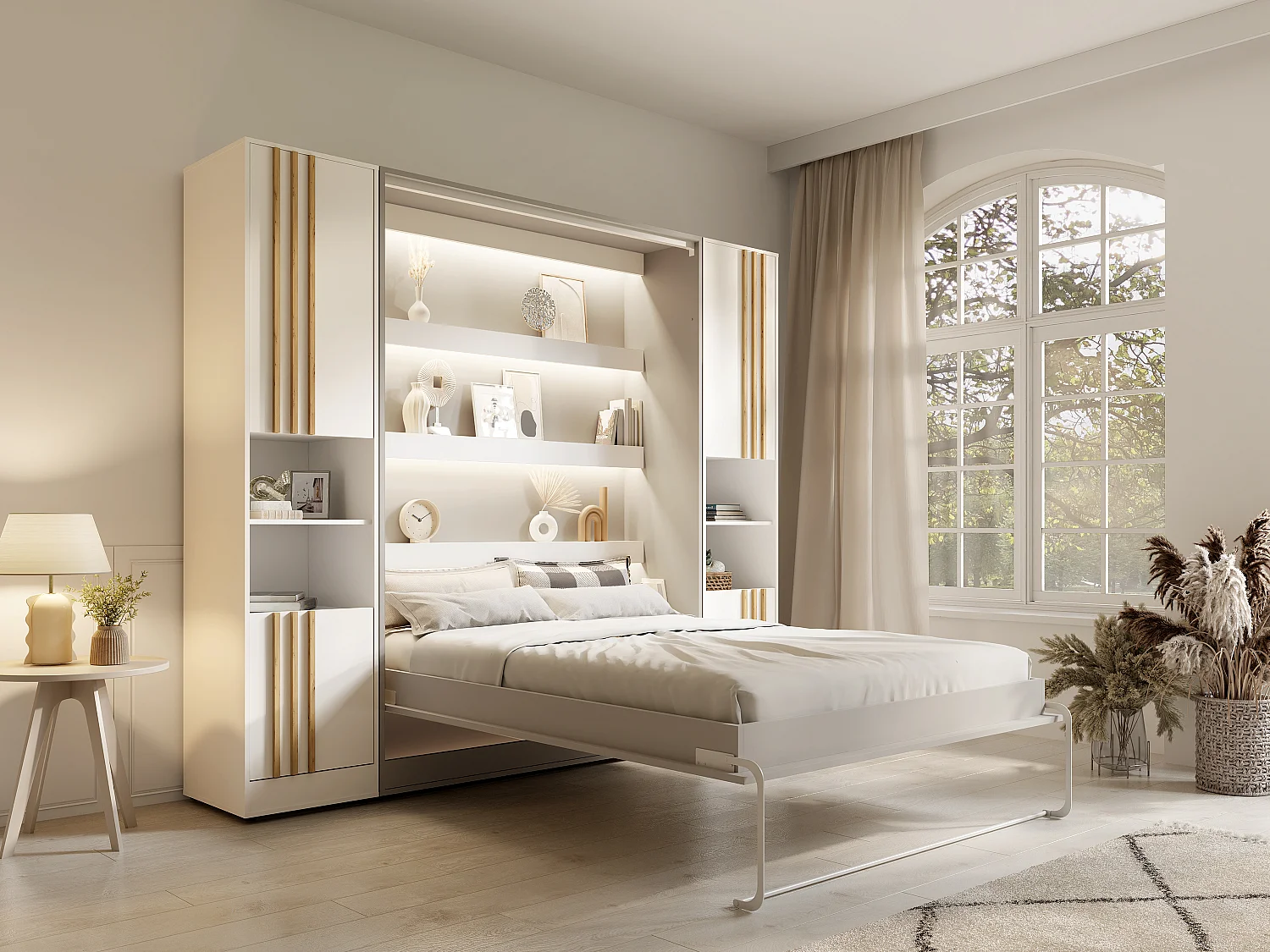 Lit escamotable vertical 140 x 200 cm - 2 colonnes de rangement - Avec tasseaux et LEDs - Beige + Matelas - RAPILI