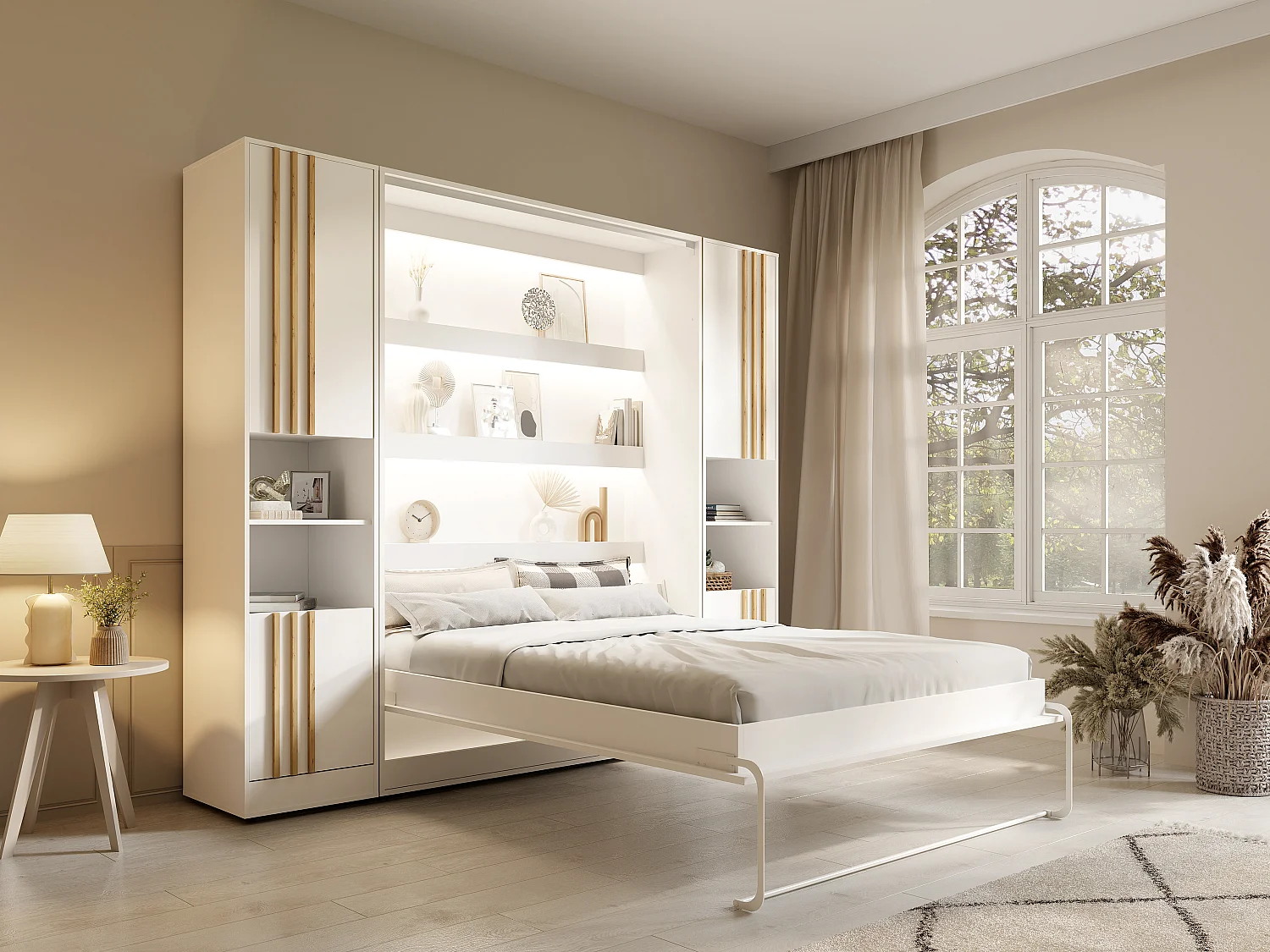 Lit escamotable vertical 160 x 200 cm - 2 colonnes de rangement - Avec tasseaux et LEDs - Blanc - RAPILI
