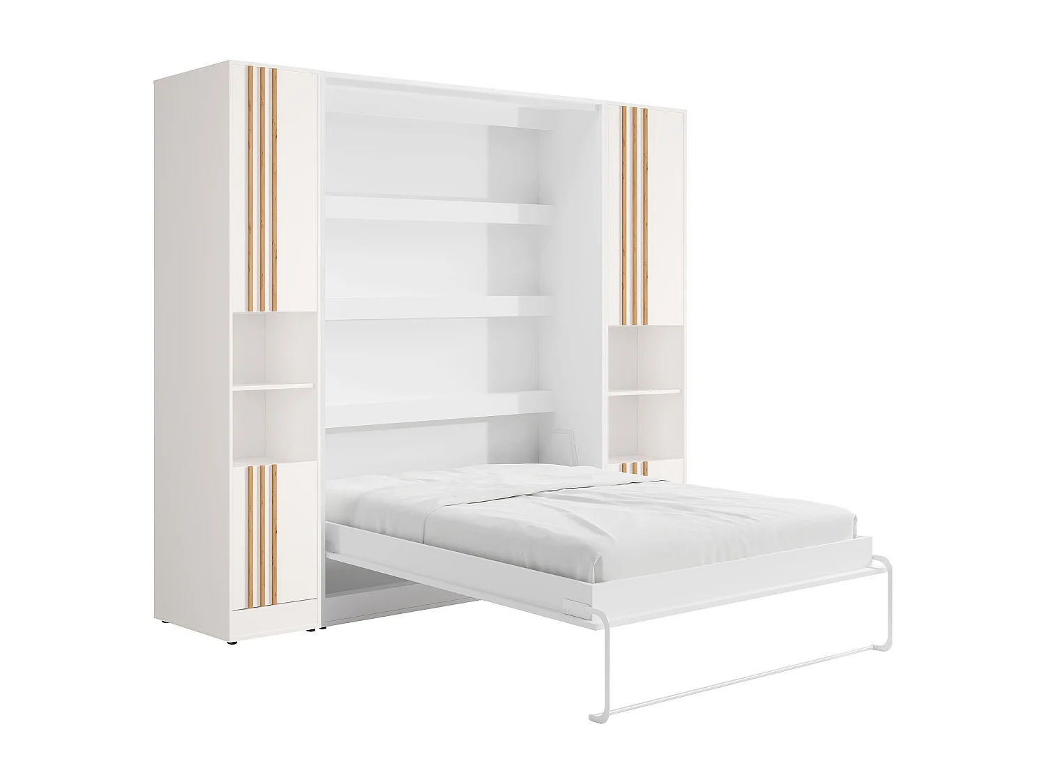 Lit escamotable vertical 160 x 200 cm - 2 colonnes de rangement - Avec tasseaux et LEDs - Blanc + Matelas - RAPILI