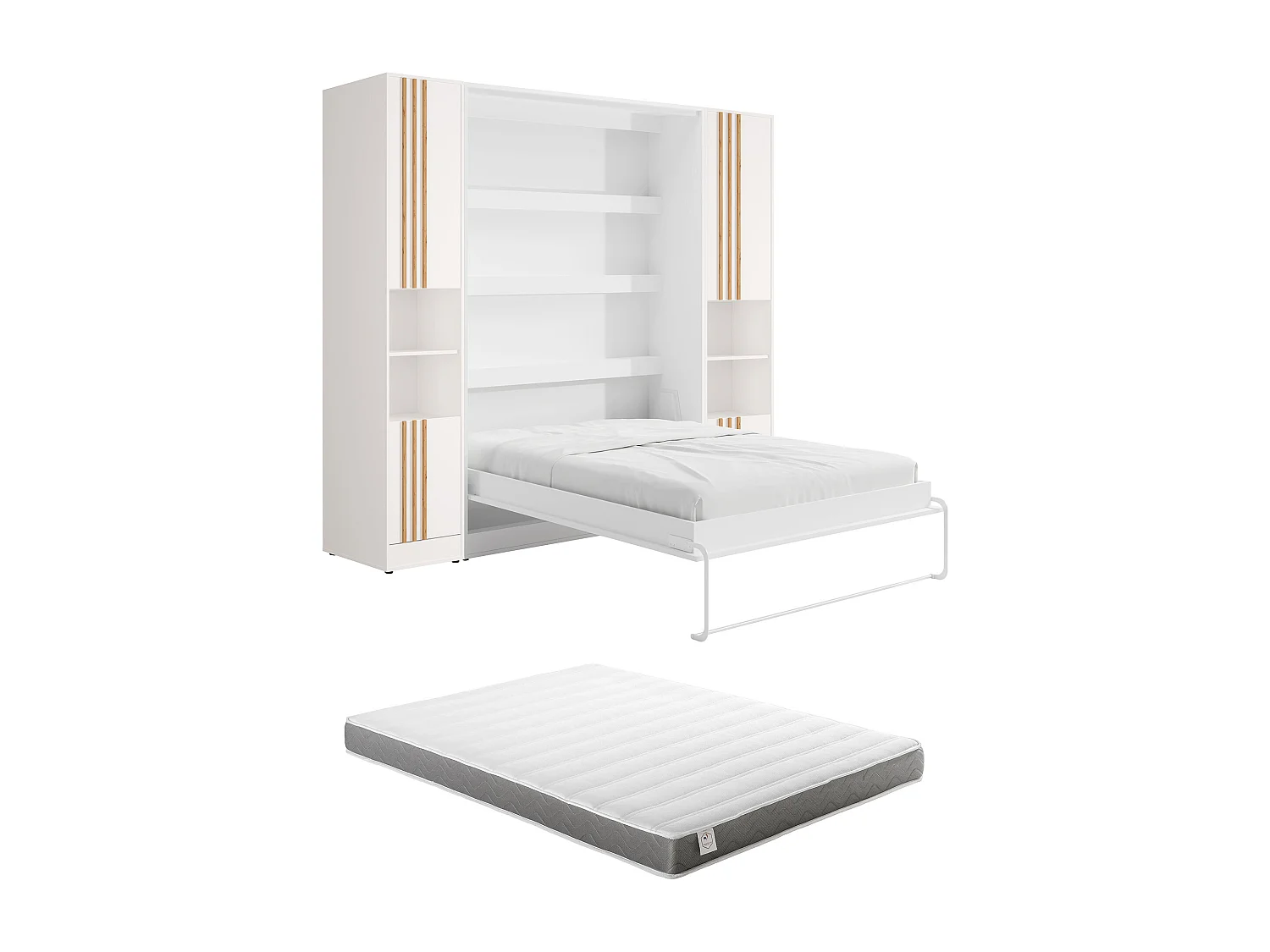 Lit escamotable vertical 160 x 200 cm - 2 colonnes de rangement - Avec tasseaux et LEDs - Blanc + Matelas - RAPILI