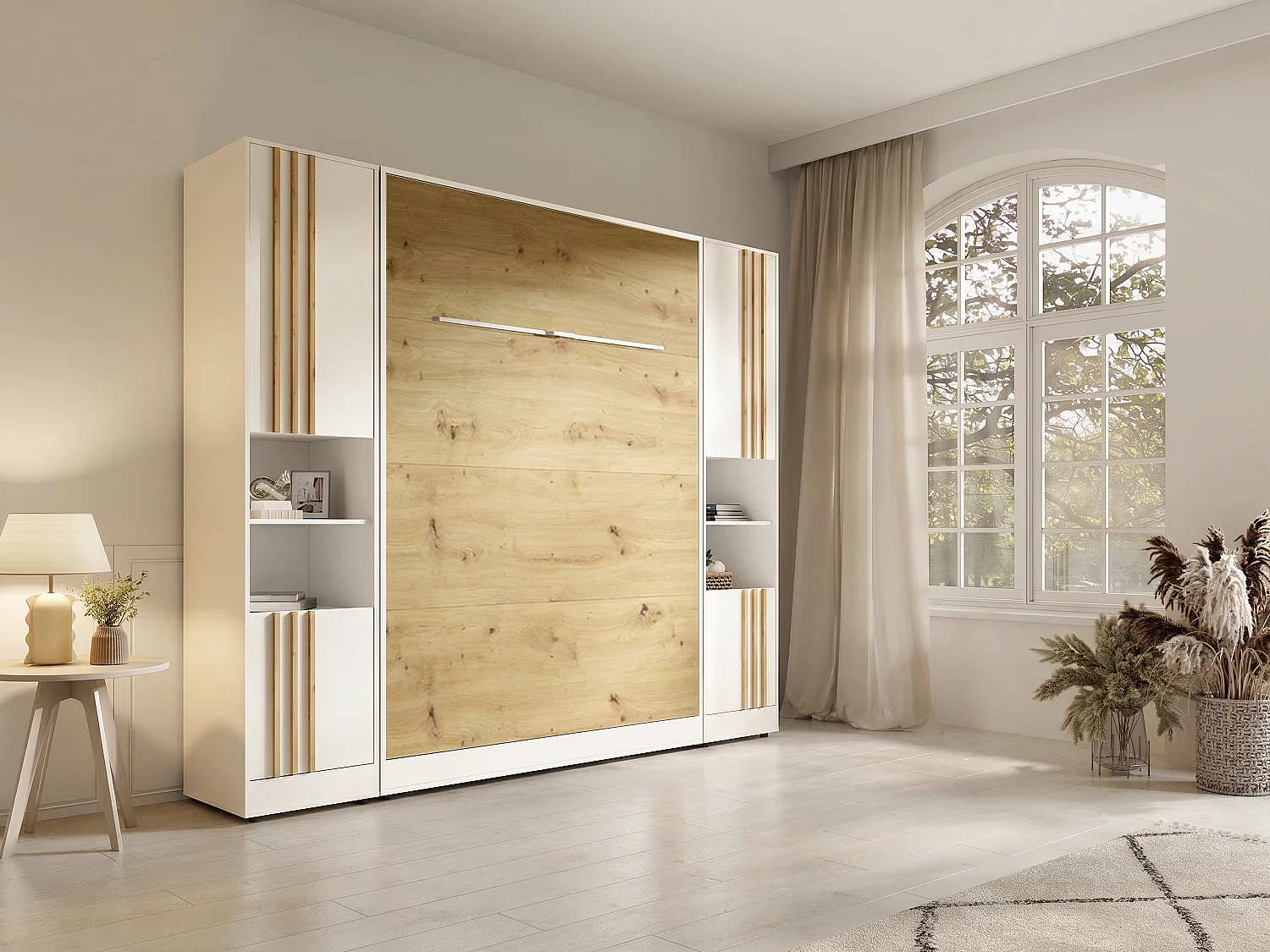 Lit escamotable vertical 160 x 200 cm - 2 colonnes de rangement - Avec tasseaux et LEDs - Blanc et naturel - RAPILI