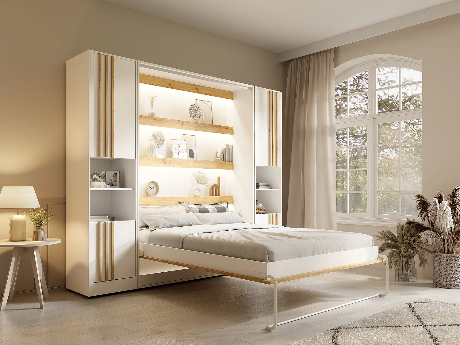 Lit escamotable vertical 160 x 200 cm - 2 colonnes de rangement - Avec tasseaux et LEDs - Blanc et naturel + Matelas - RAPILI