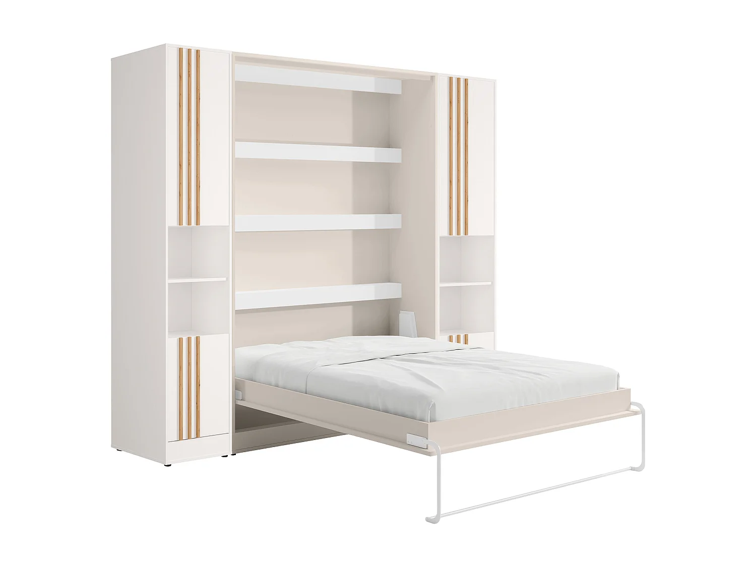Lit escamotable vertical 160 x 200 cm - 2 colonnes de rangement - Avec tasseaux et LEDs - Beige - RAPILI