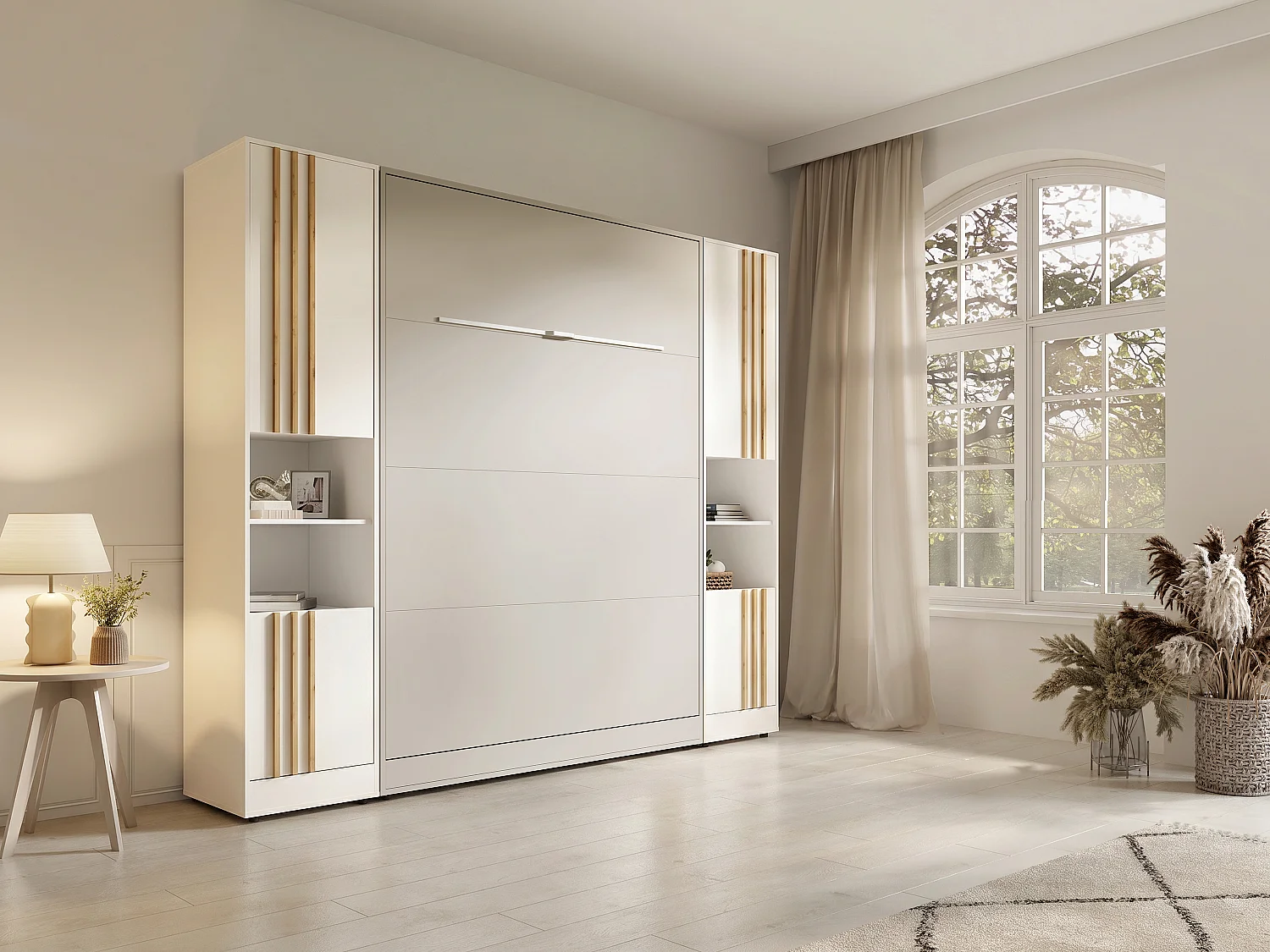 Lit escamotable vertical 160 x 200 cm - 2 colonnes de rangement - Avec tasseaux et LEDs - Beige + Matelas - RAPILI
