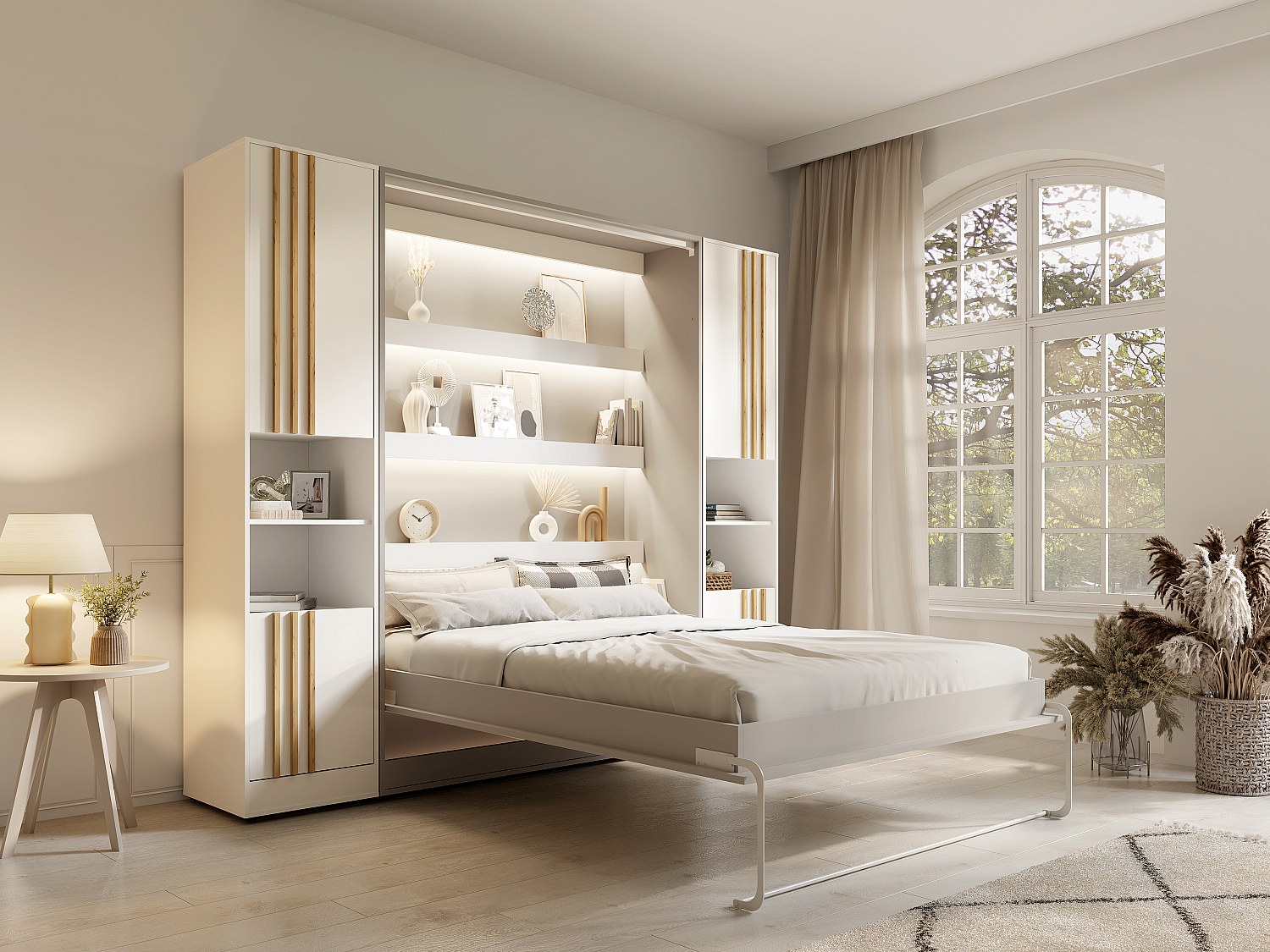 Vente-unique Vertikales Schrankbett 160 X 200 Cm - 2 Stauraum-Schränke - Mit Lattenrost Und LEDs - Beige + Matratze - Rapili