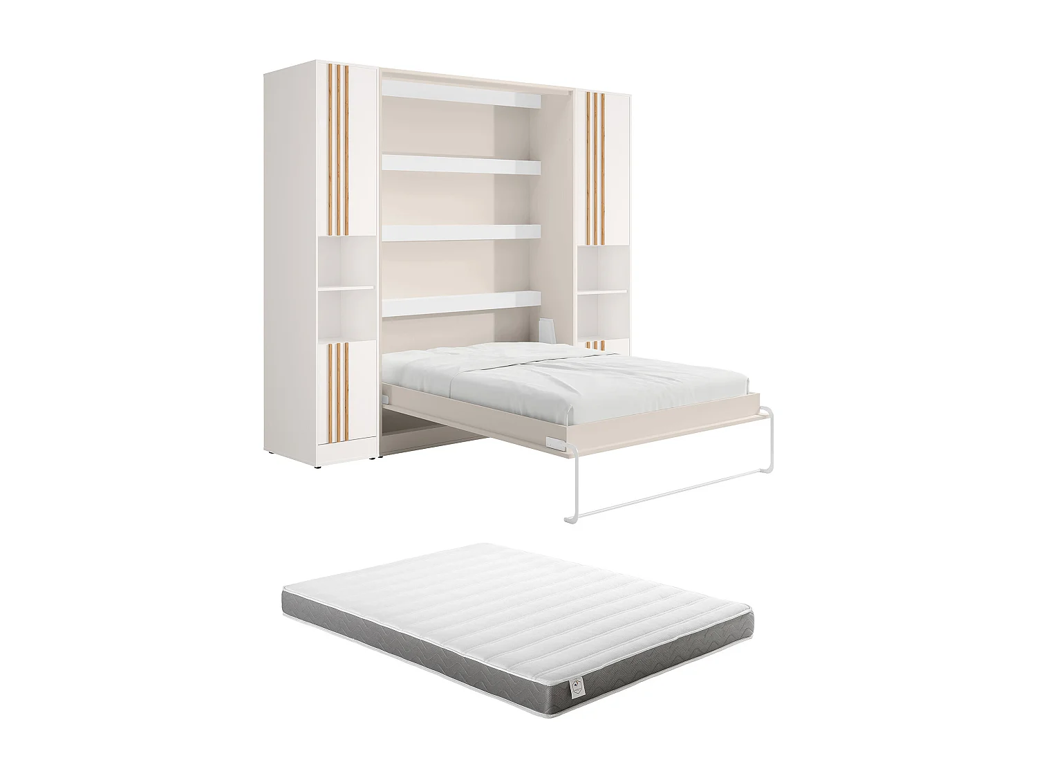 Lit escamotable vertical 160 x 200 cm - 2 colonnes de rangement - Avec tasseaux et LEDs - Beige + Matelas - RAPILI