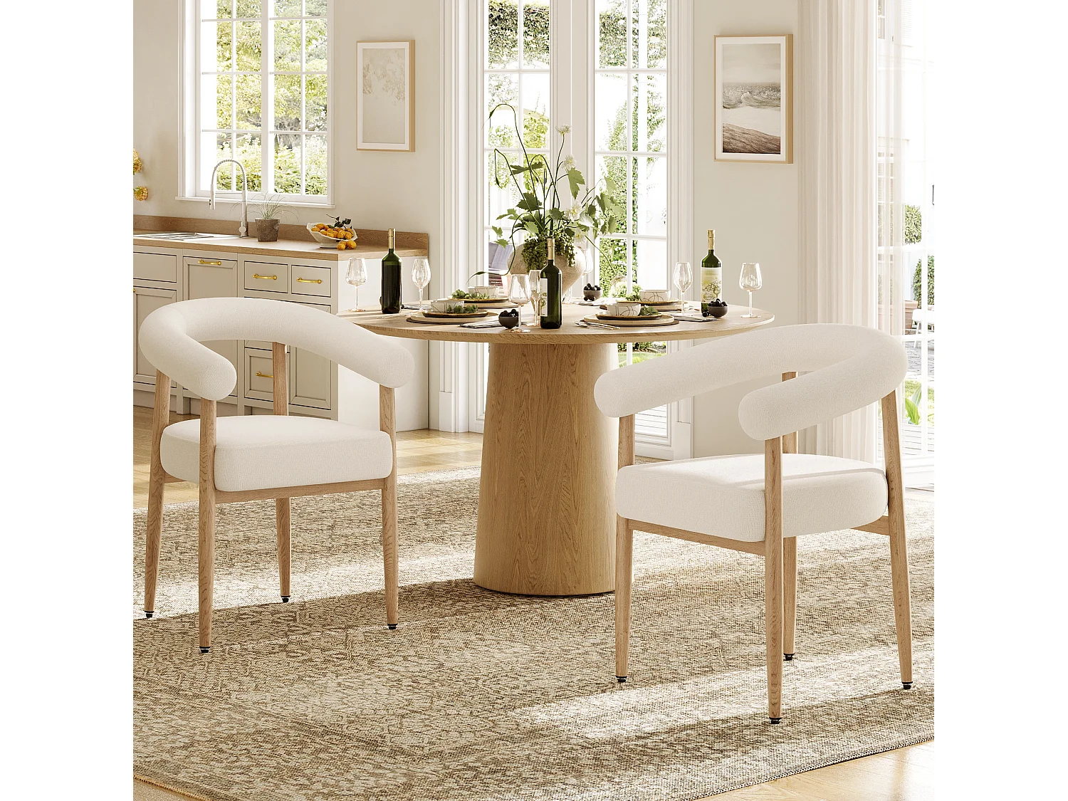 Lot de 2 Chaises de Salle à Manger Modernes, avec Assise Rembourrée en Peluche, Pieds en Métal Aspect Bois - Blanc