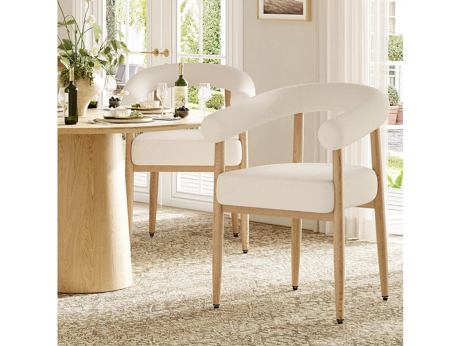Lot de 2 Chaises de Salle à Manger Modernes, avec Assise Rembourrée en Peluche, Pieds en Métal Aspect Bois - Blanc