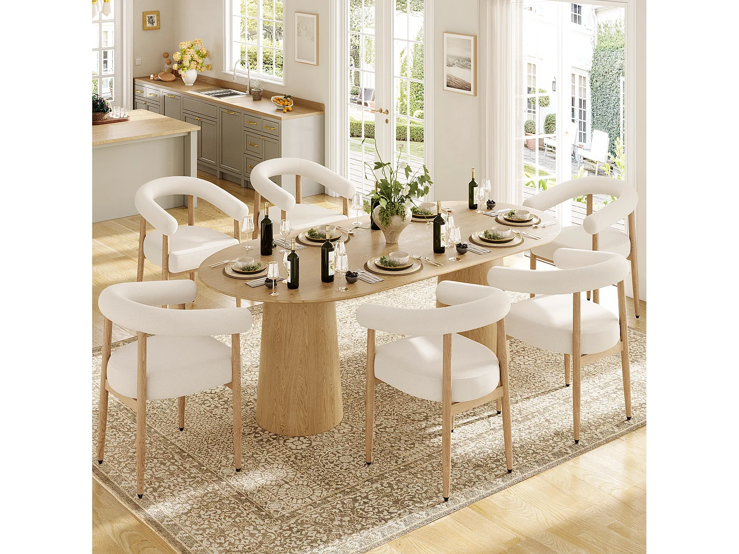 Set van 6 moderne eetkamerstoelen met zachte pluche zitting, metalen poten in houtlook - wit
