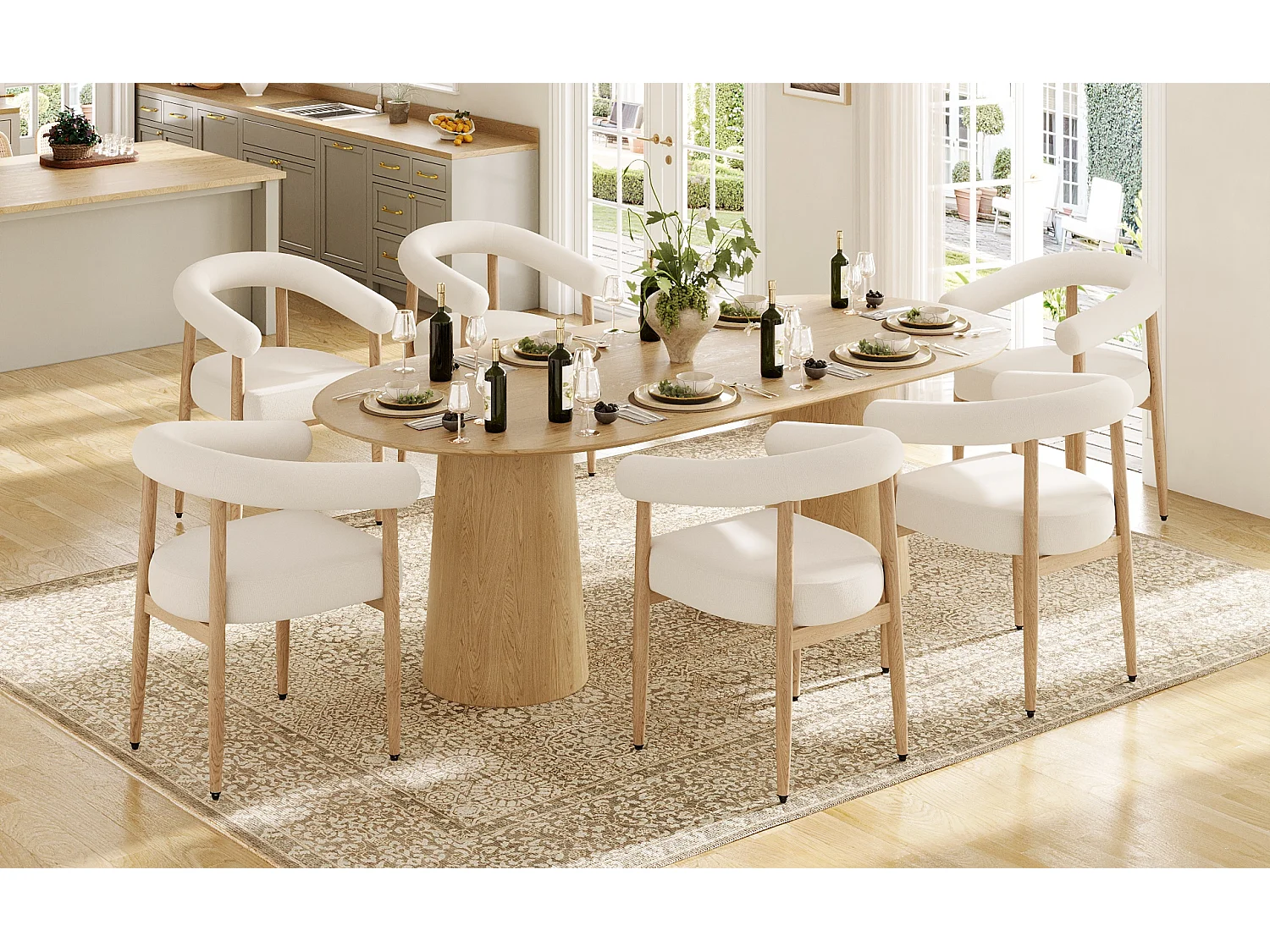 Set van 6 moderne eetkamerstoelen met zachte pluche zitting, metalen poten in houtlook - wit