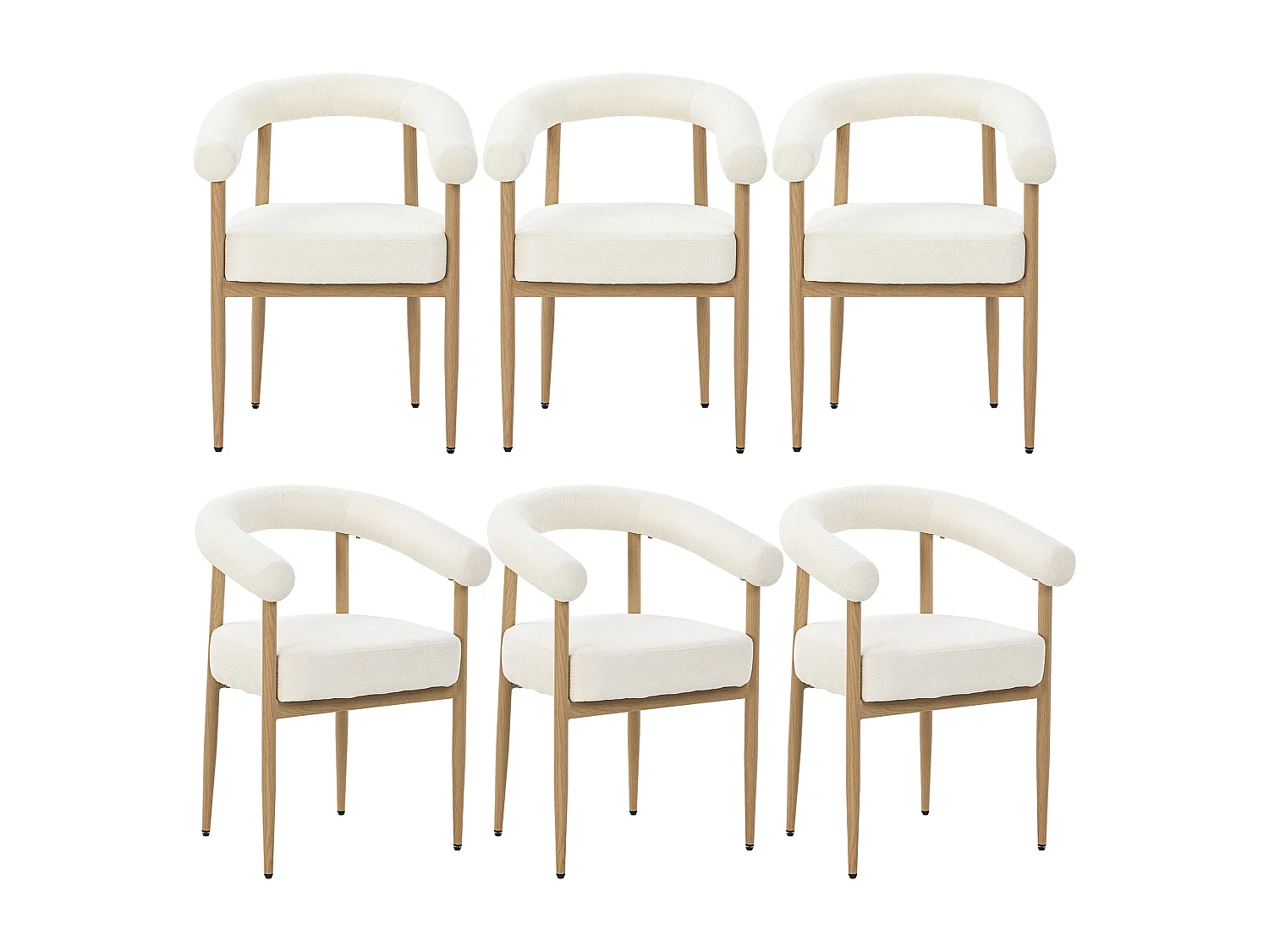 Set van 6 moderne eetkamerstoelen met zachte pluche zitting, metalen poten in houtlook - wit